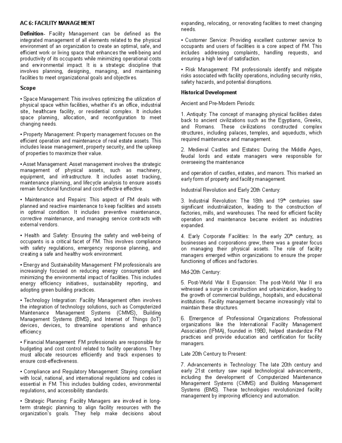 Emerging Technology AC 6 FACILITY MANAGEMENT Definition Facility