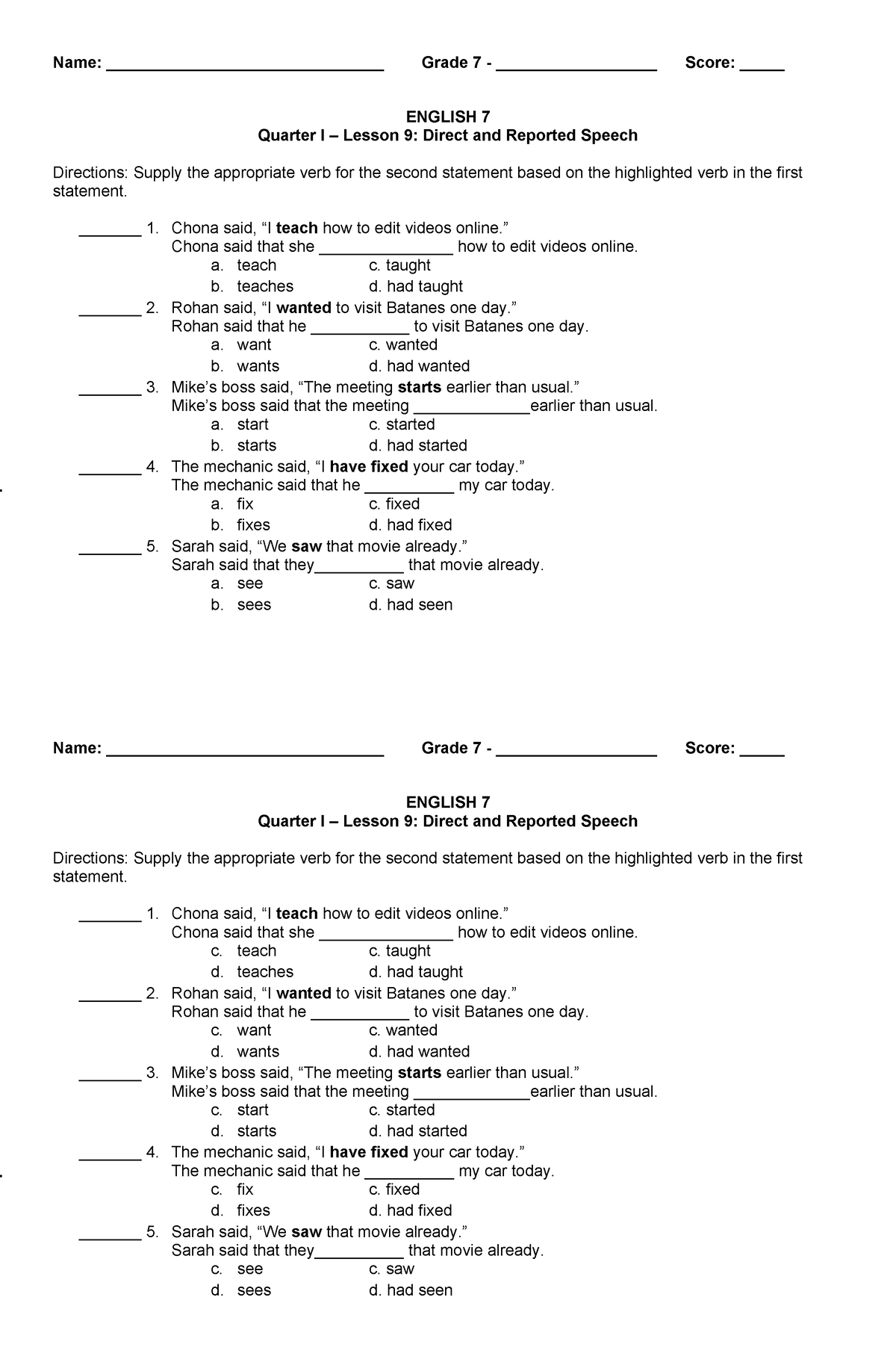 reported and direct speech quiz