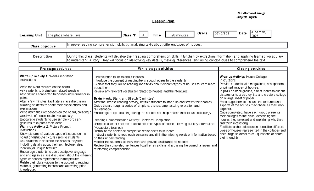 Lesson plan classroom management - Miss Romanet Zúñiga Subject: English ...