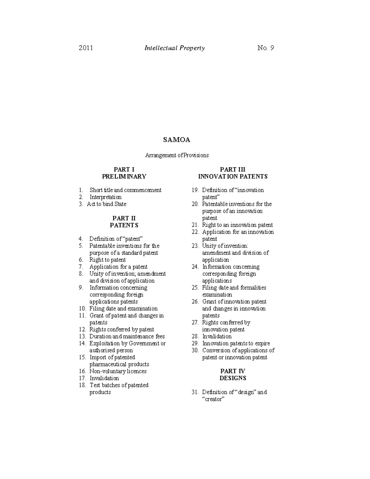 IP Act - Ip act - 2011 Intellectual Property No. 9 SAMOA Arrangement of ...