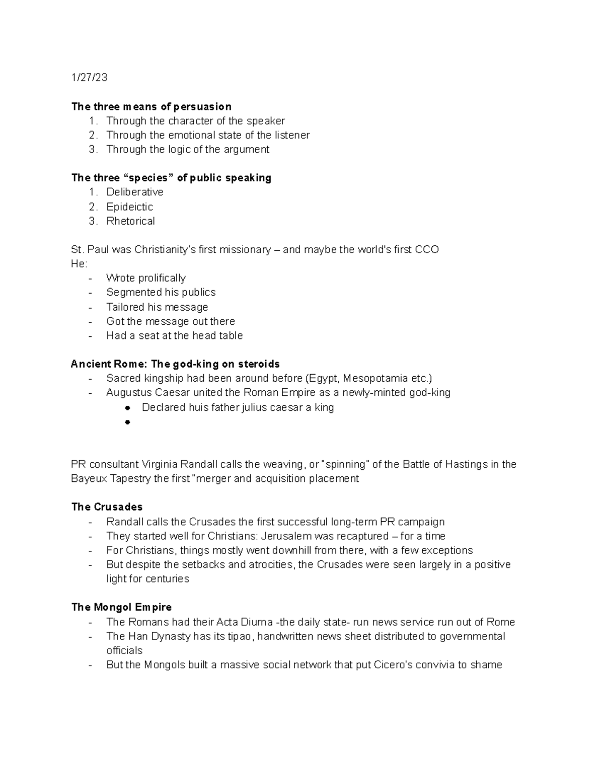 1 27 23 COM CM 215 Notes -2 - 1/27/ The three means of persuasion 1 ...