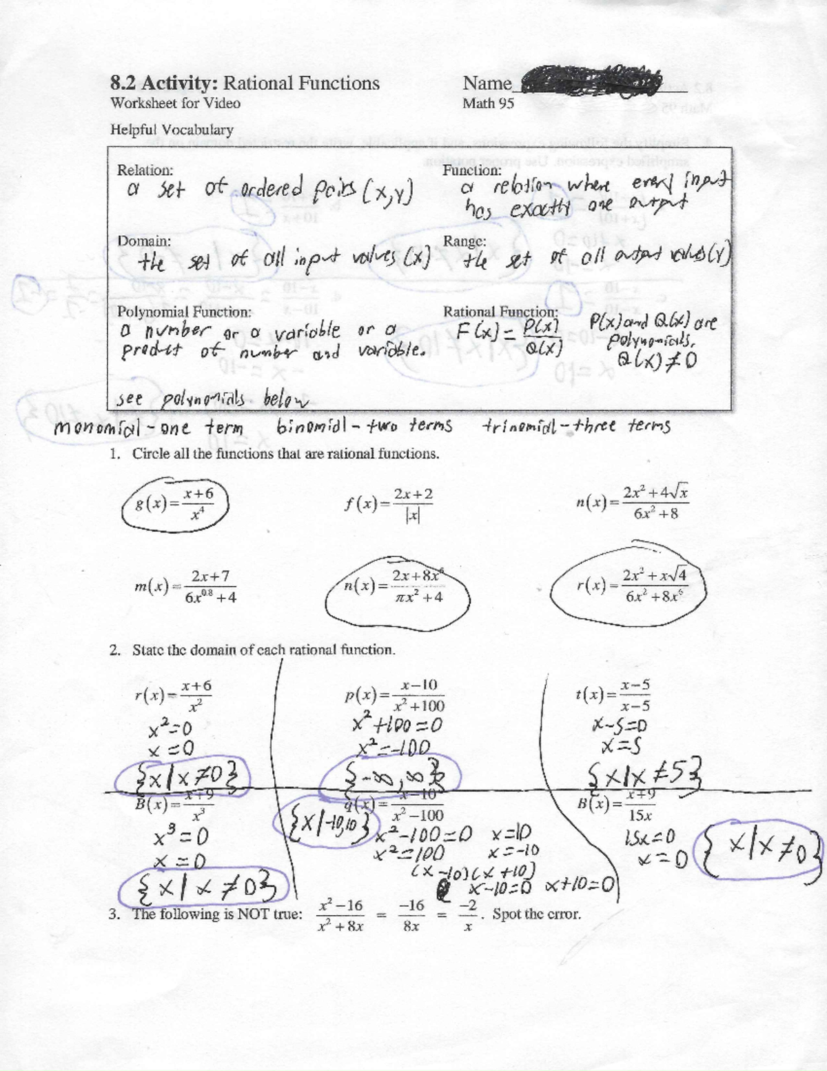 8.2 Activity Notes for in class: Rational Functions - 8 Activity ...