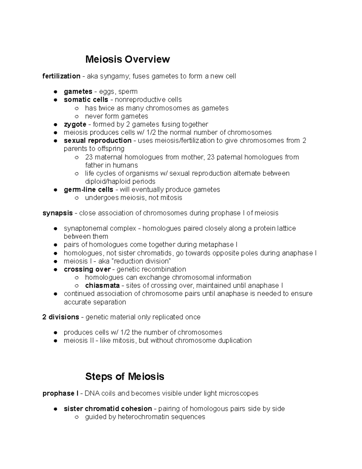 Biology notes 12 Meiosis Overview fertilization aka syngamy; fuses