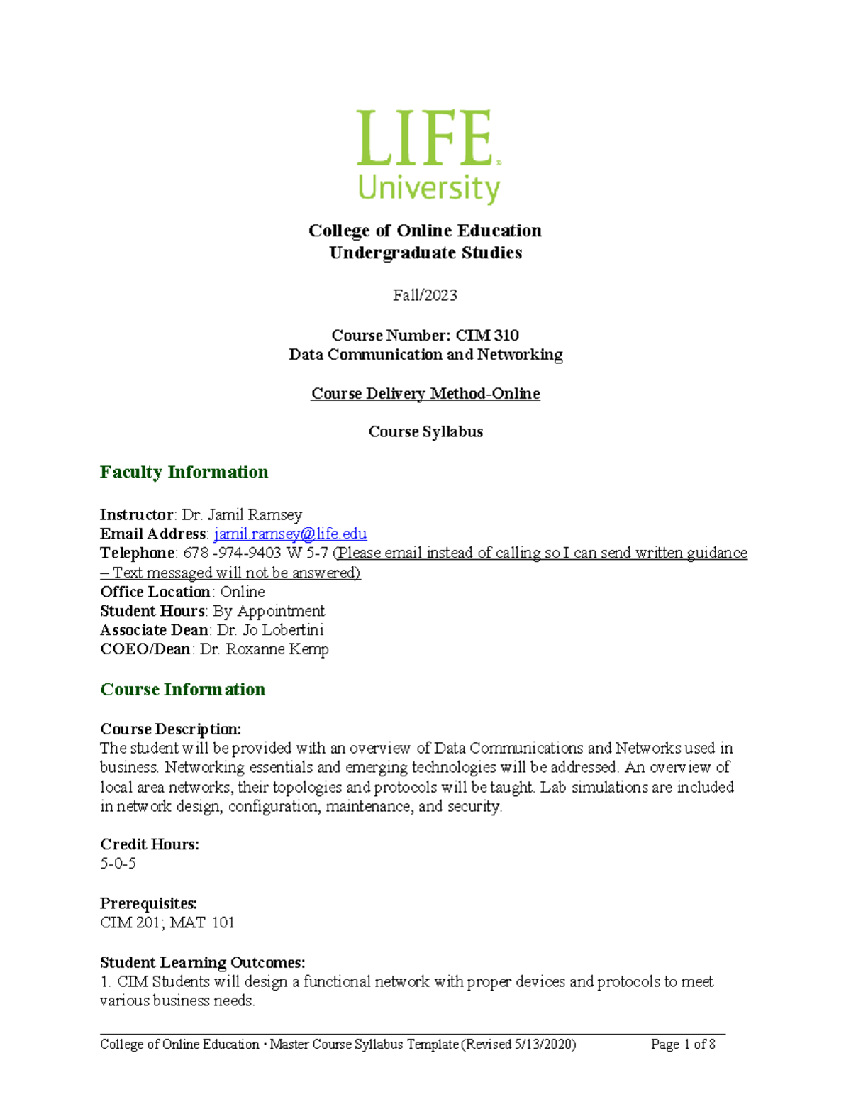 CIM 310 Data Comunication and Networking Course Syllabus FALL 2023