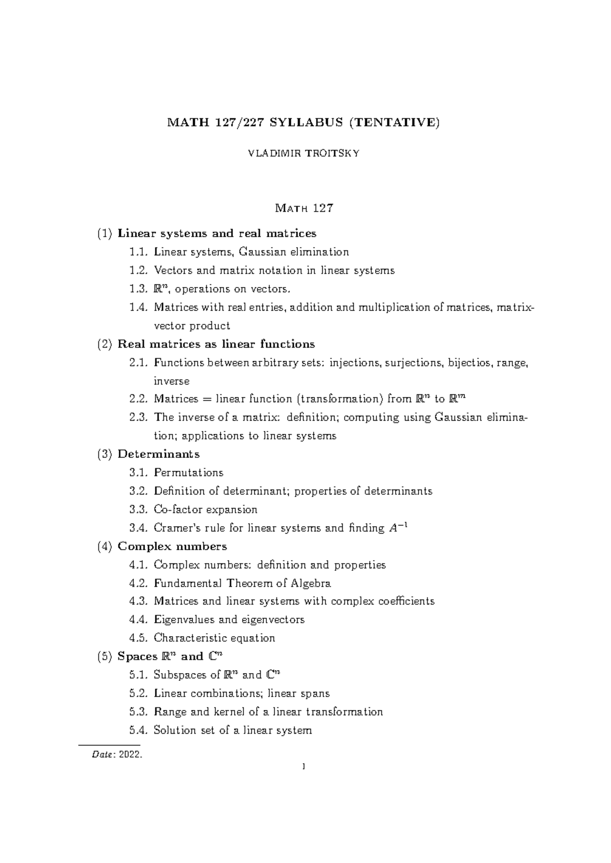 Final Exam Expected Syllabus - MATH 127/227 SYLLABUS (TENTATIVE ...