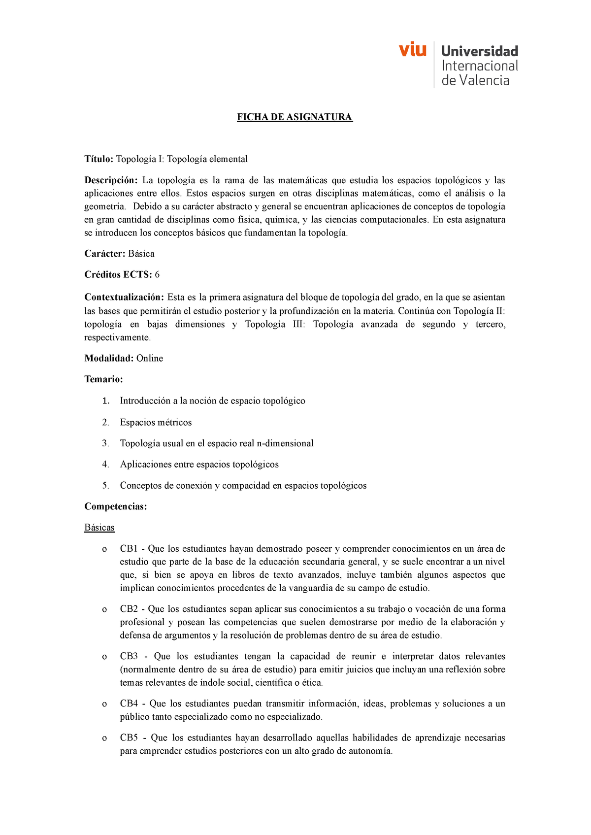 F 09GMAT Topología I Topología Elemental - FICHA DE ASIGNATURA Título ...