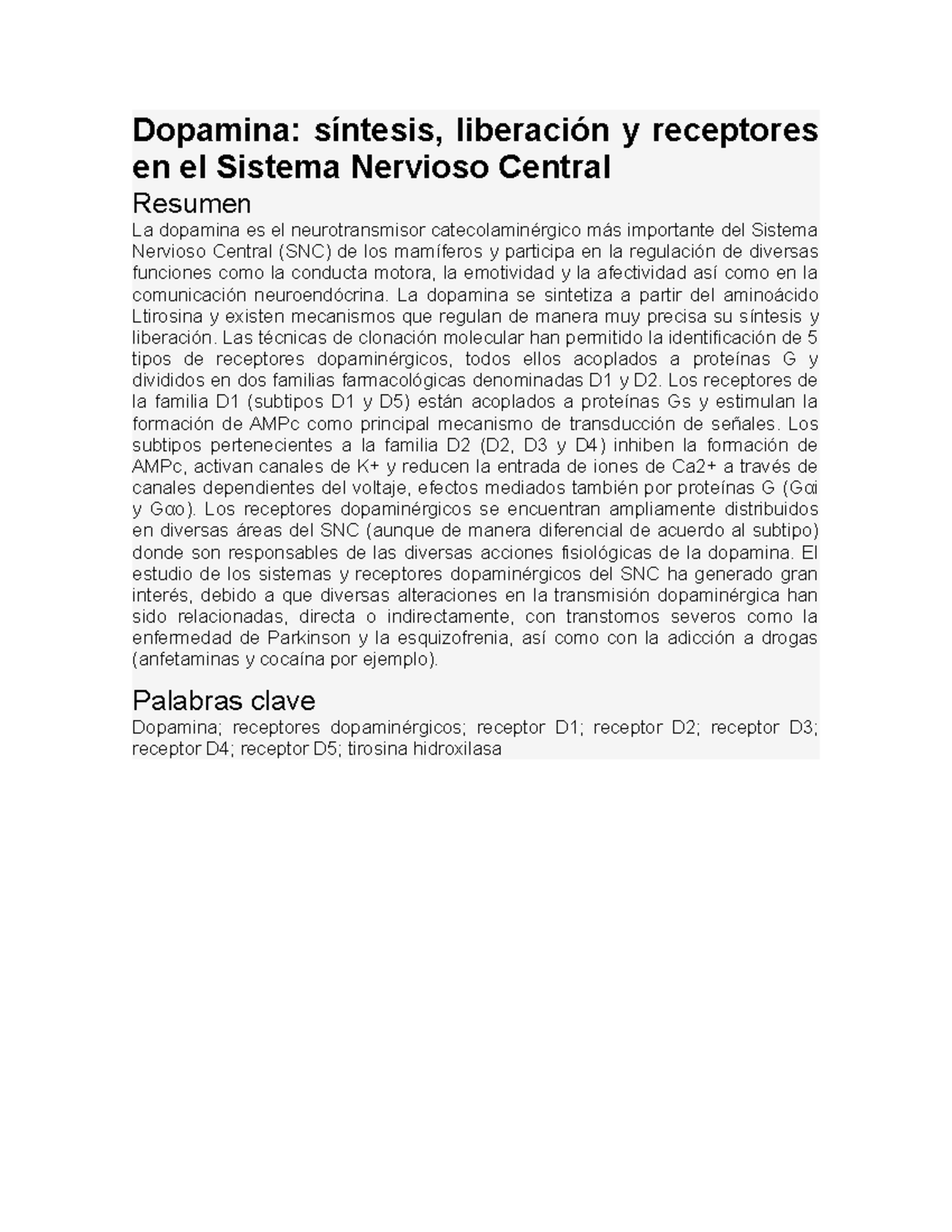 Dopamina - notas - Dopamina: síntesis, liberación y receptores en el ...