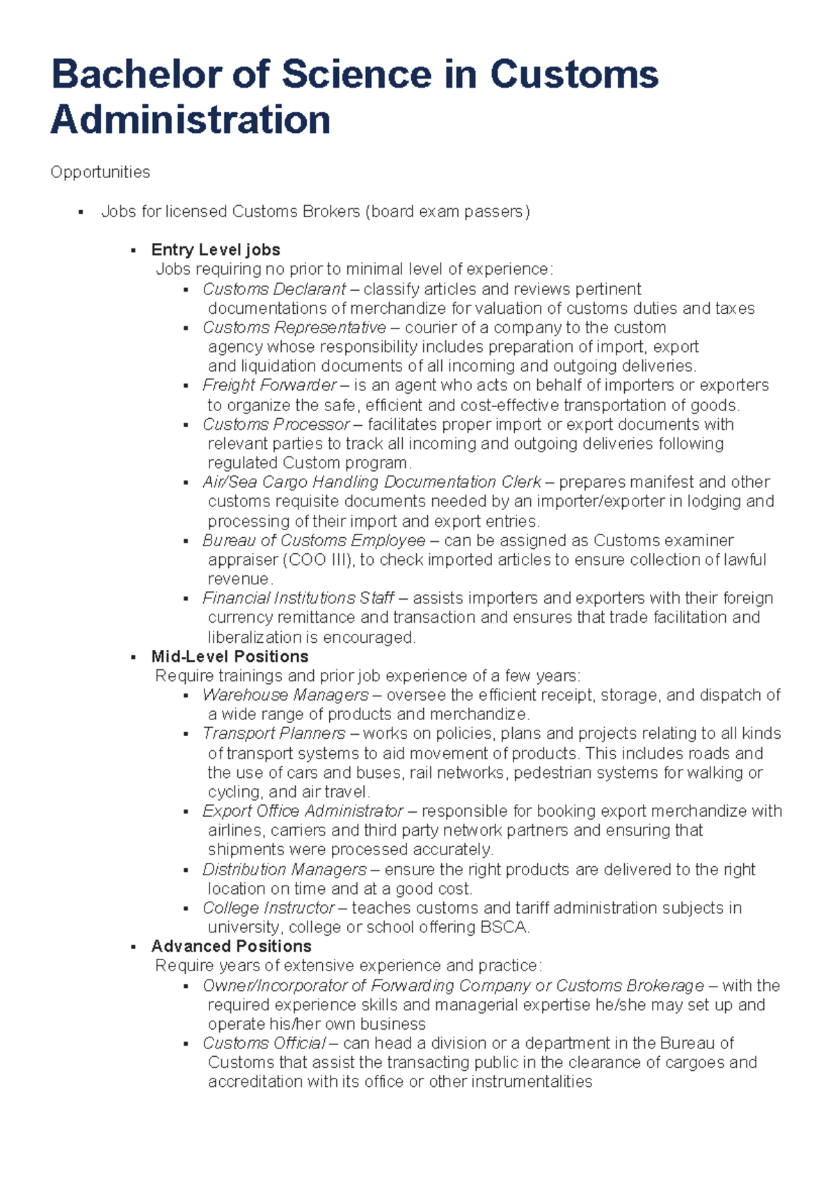 Bachelor of Science in Customs Administration - Bachelor of Science in ...