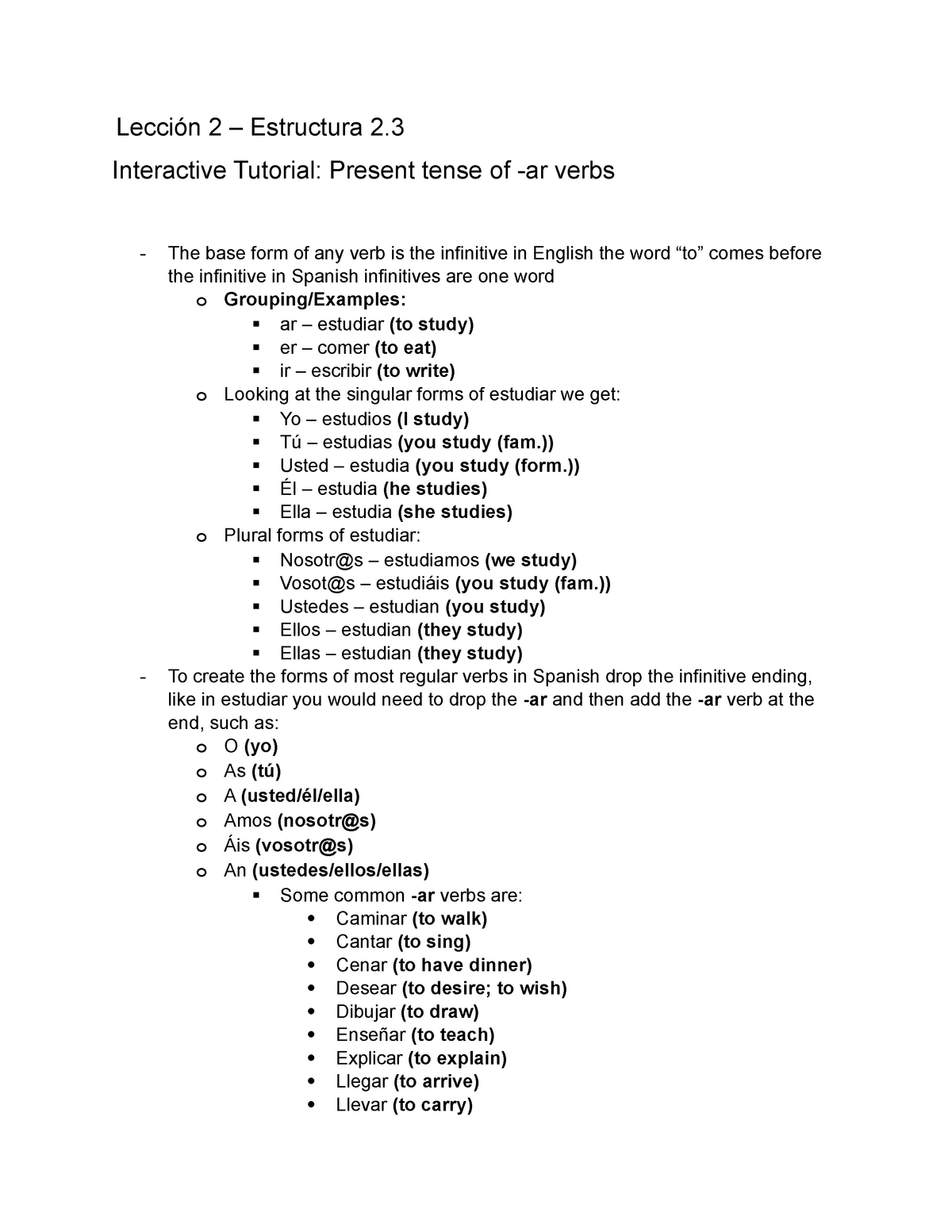 Lecc on 2 Estructura 2 1 Tutorial Notes On Present Tense Of ar Verbs In Spanish Lecci n 2