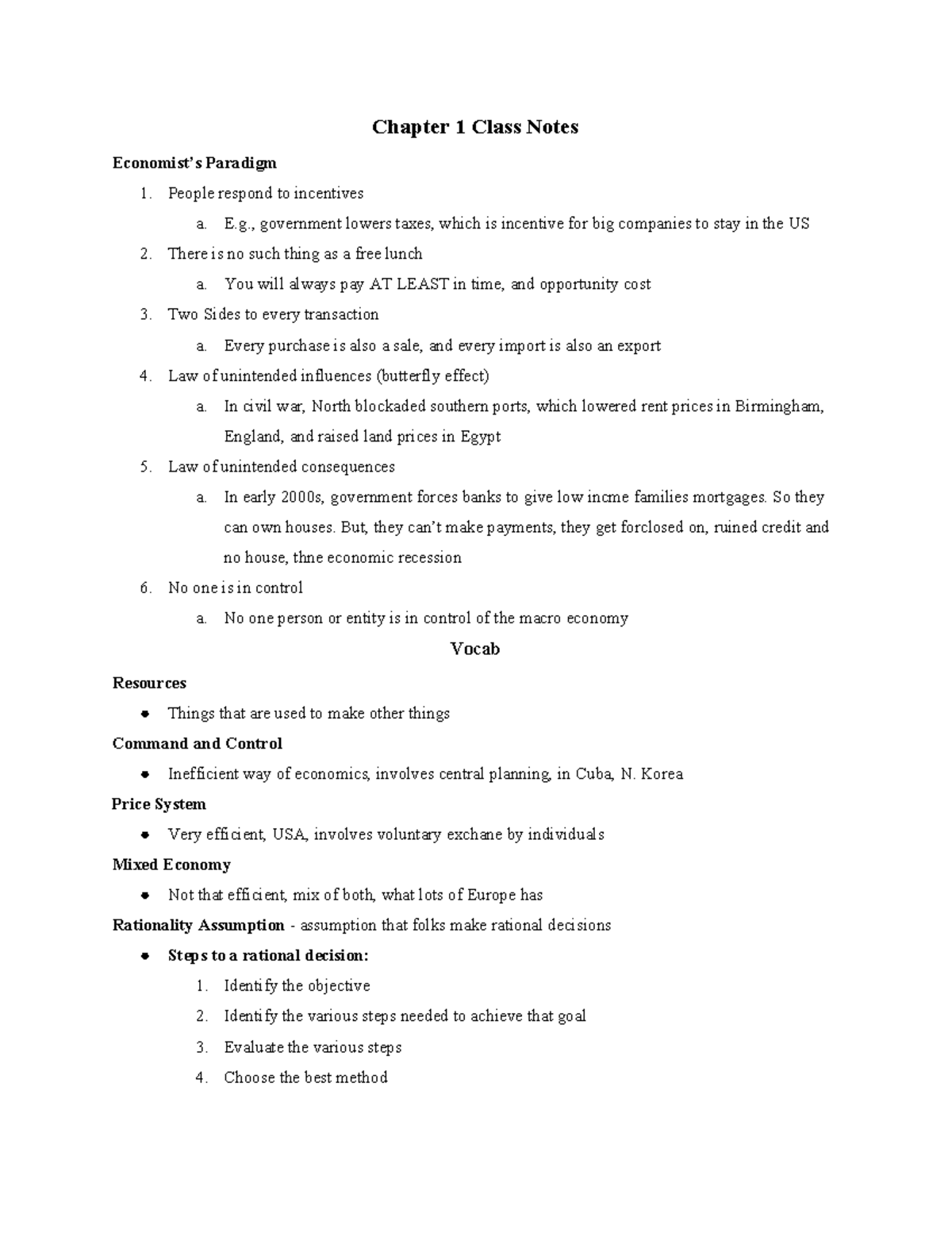 Macro Micro Class Notes Chapters 1-3 - Chapter 1 Class Notes Economist ...