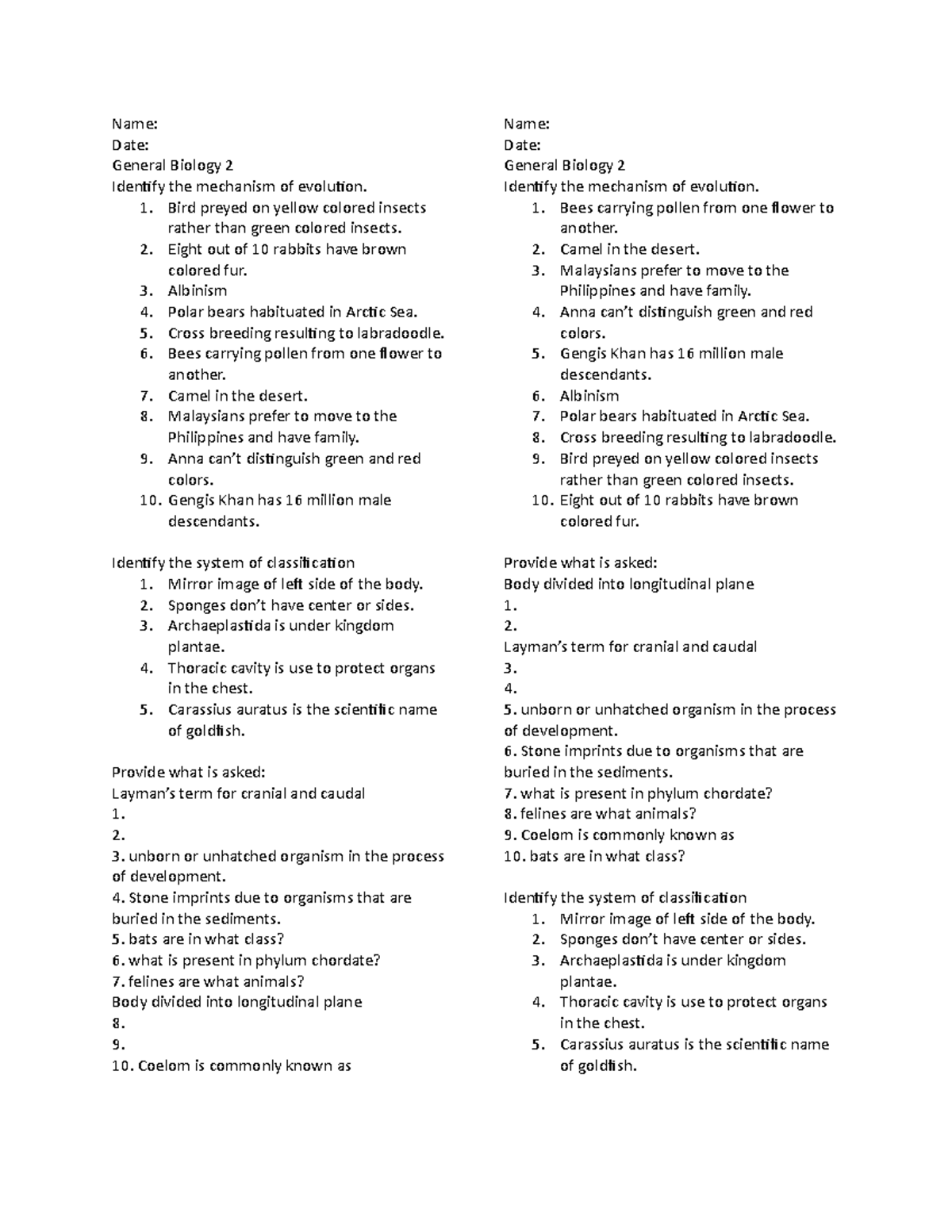 Genbio 2quiz - Gen Bio 2 Practice Questions For Review - Name: Date 