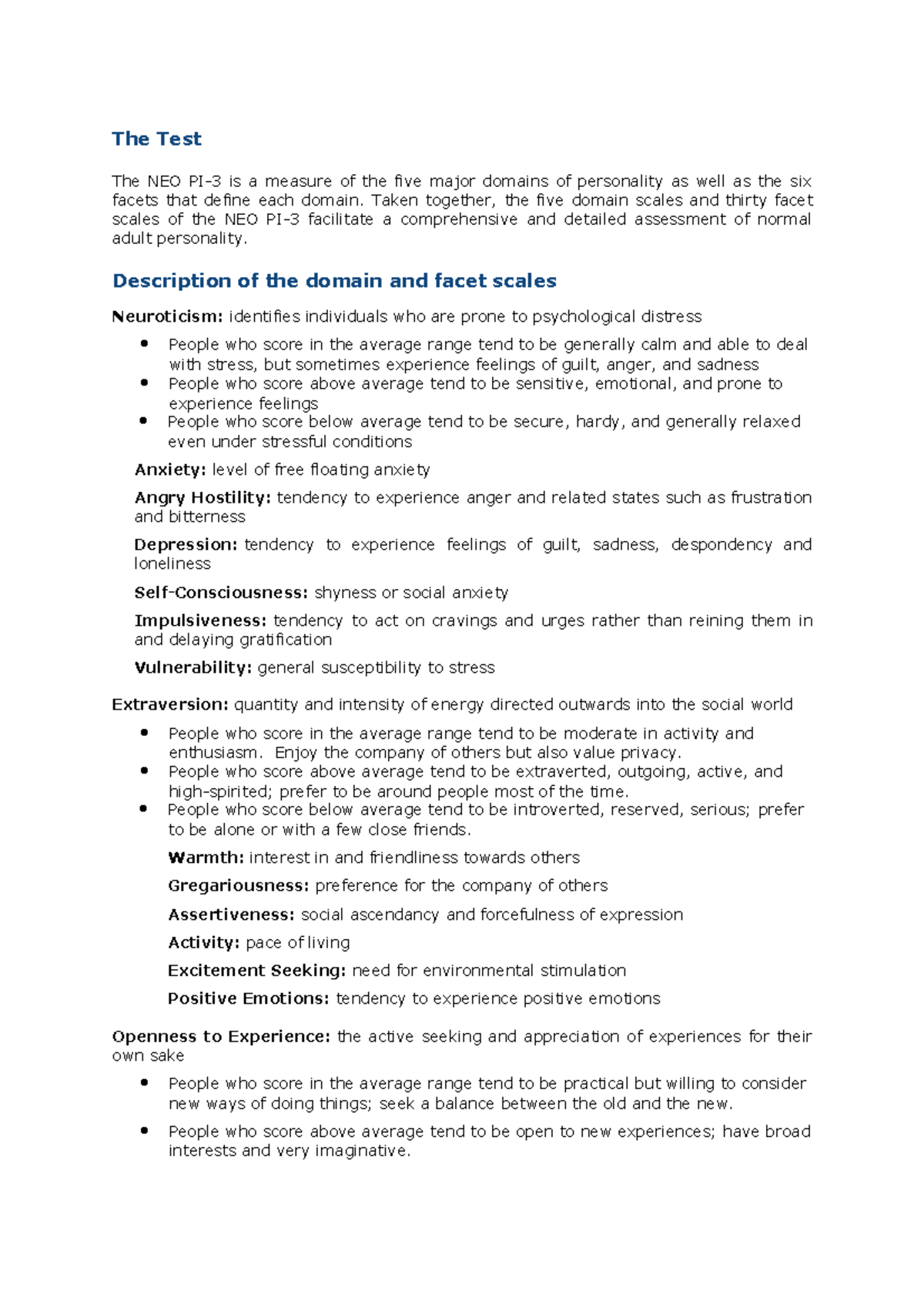NEOPI3 domain and facet descriptions handout The Test The NEO PI3