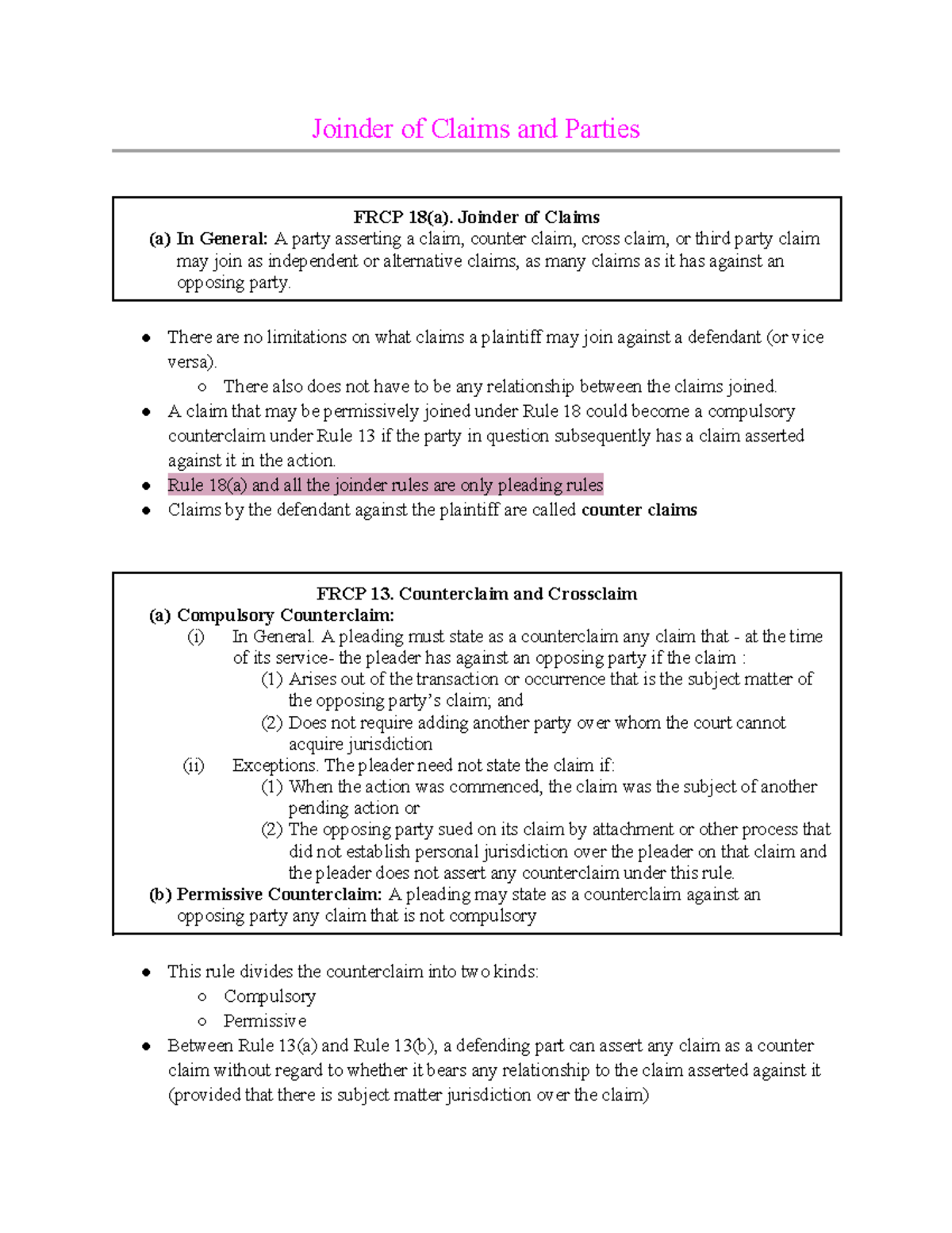 Joinder of Claims and Parties - Joinder of Claims (a) In General: A ...