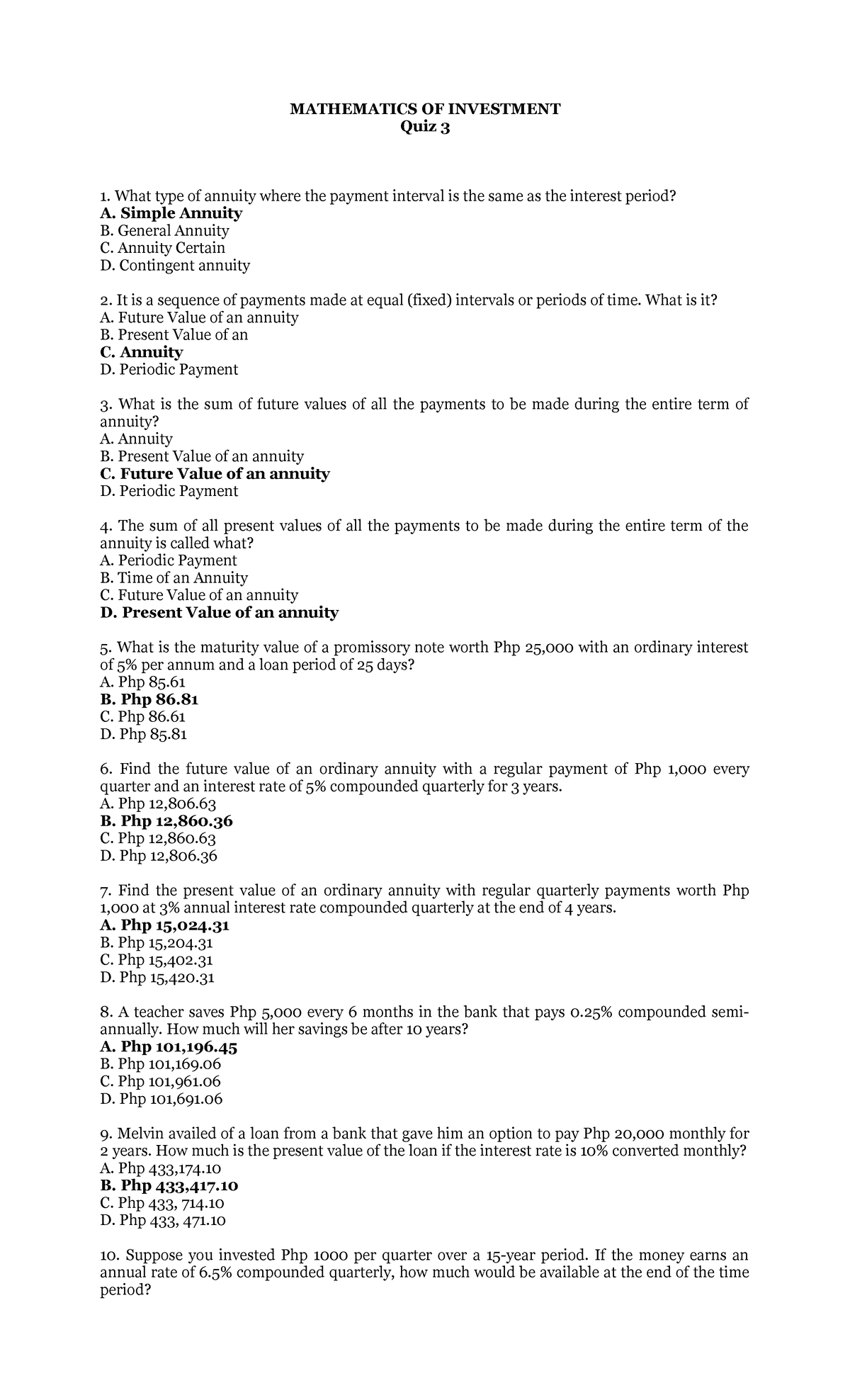 Mathematics of Investment (Quiz 3) - MATHEMATICS OF INVESTMENT Quiz 3 ...