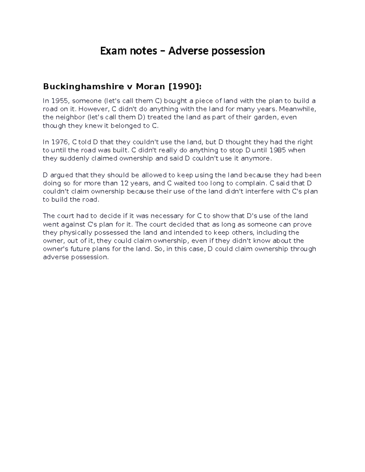 Buckinghamshire case law - Exam notes – Adverse possession ...