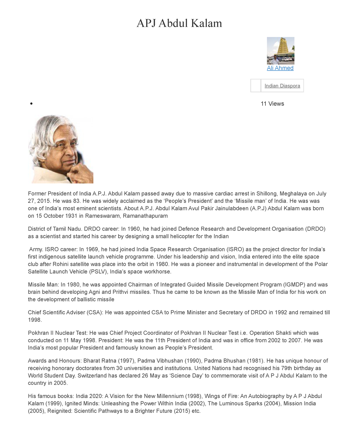 apj abdul kalam as a president essay