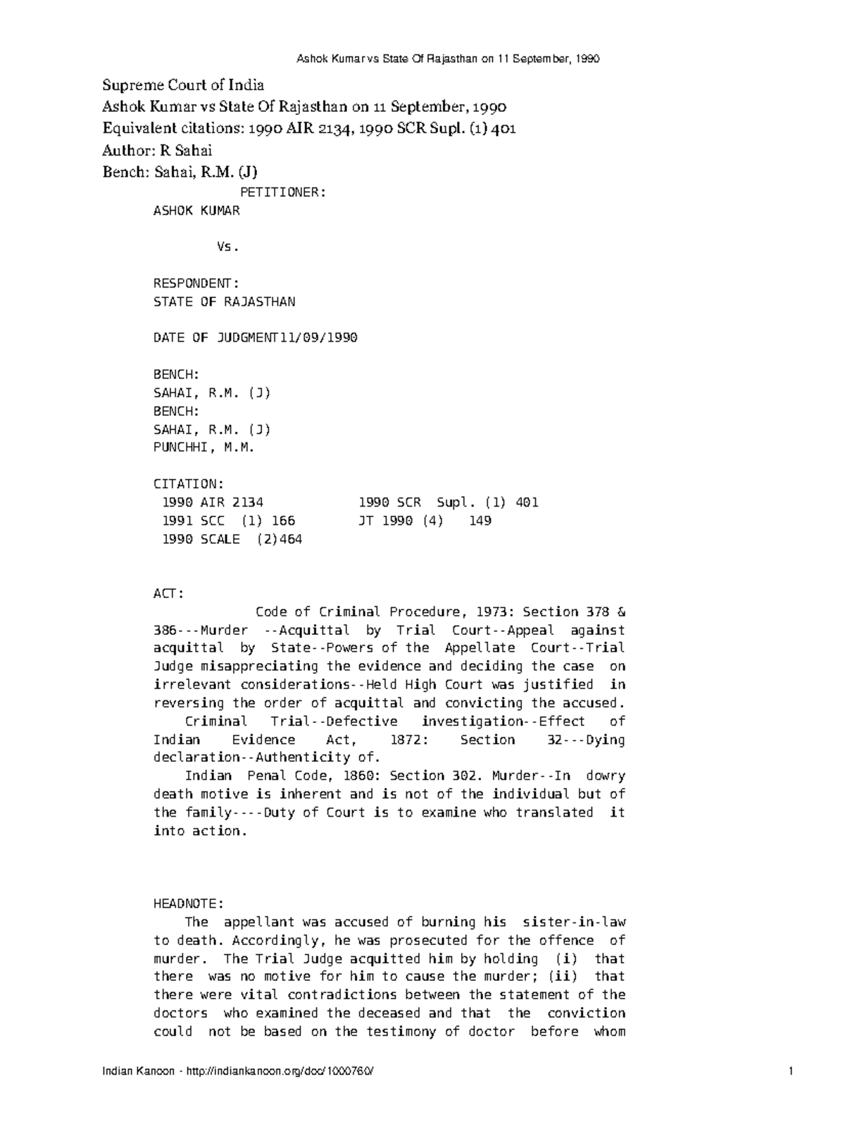 Ashok Kumar vs State Of Rajasthan on 11 September 1990 Supreme Court
