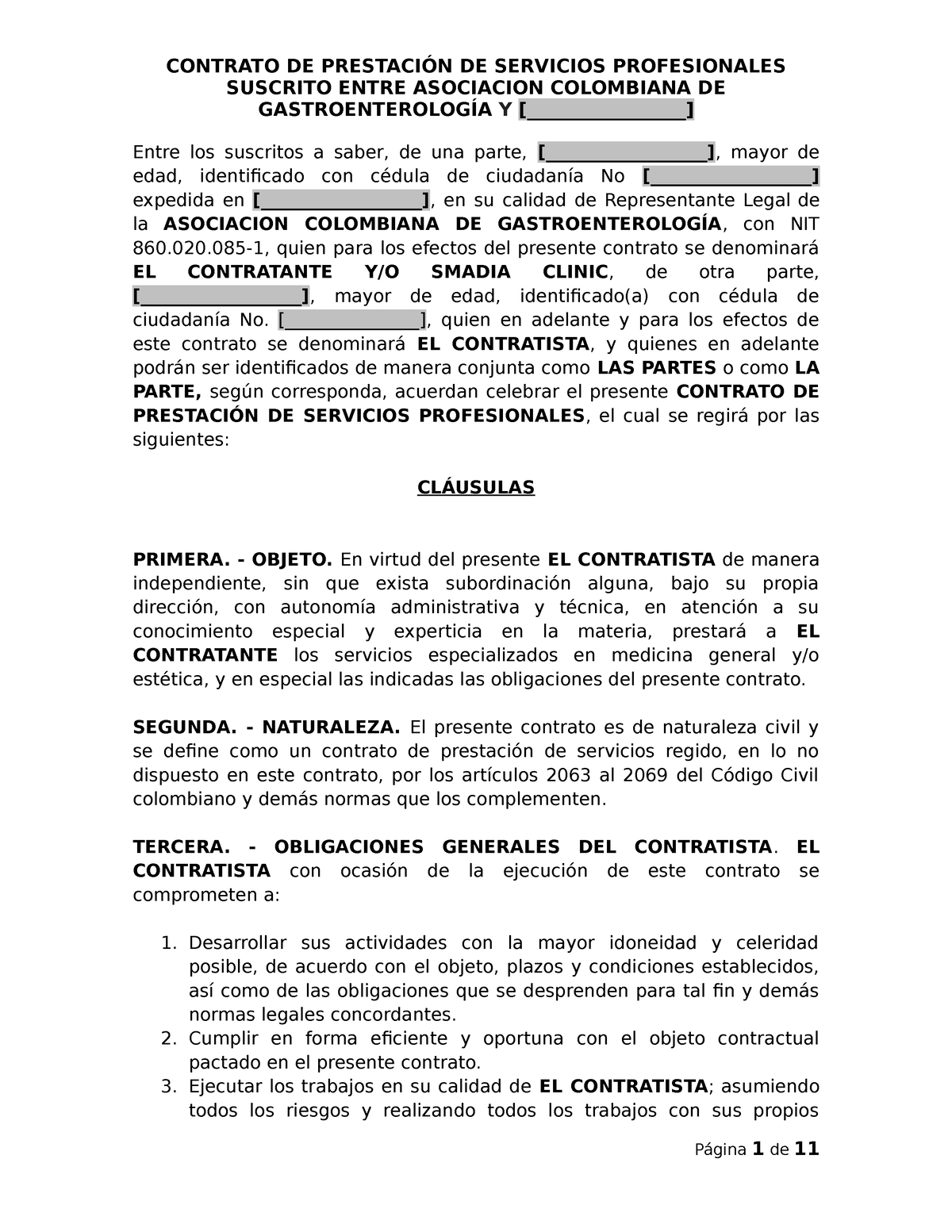 Modelo Contrato Prestacion DE Servicios - SUSCRITO ENTRE ASOCIACION  COLOMBIANA DE GASTROENTEROLOGÍA - Studocu