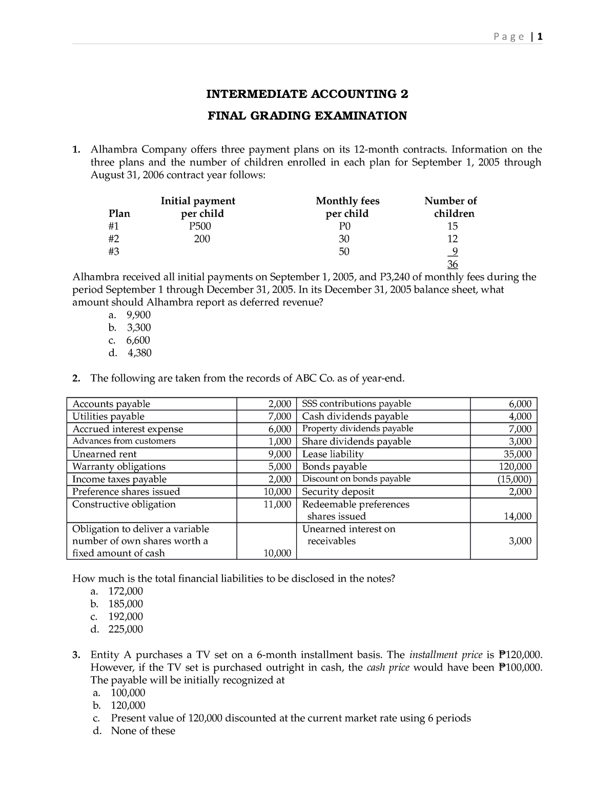 Intermediate Accounting Two Practice Examination Multiple Choice ...