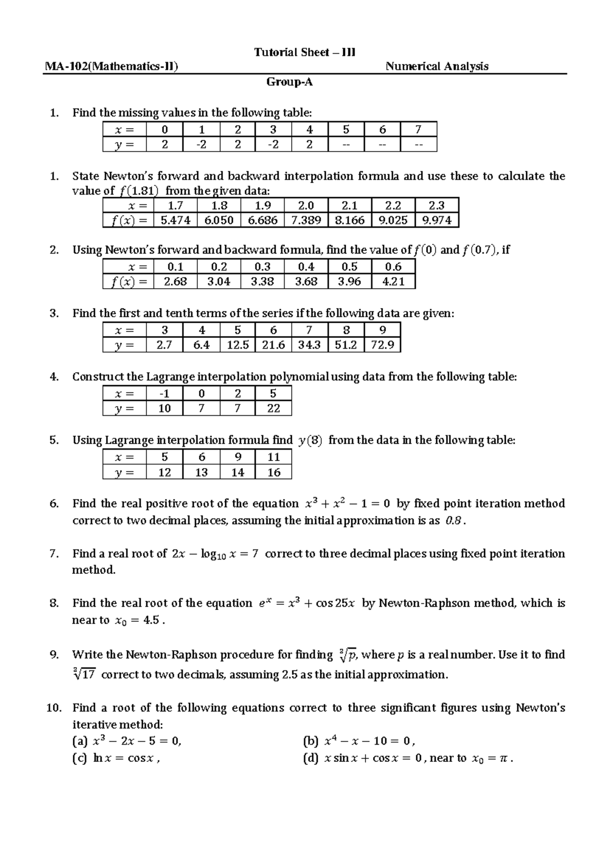 Tutorial Sheet NA - yes - Tutorial Sheet – III MA- 102 (Mathematics-II ...