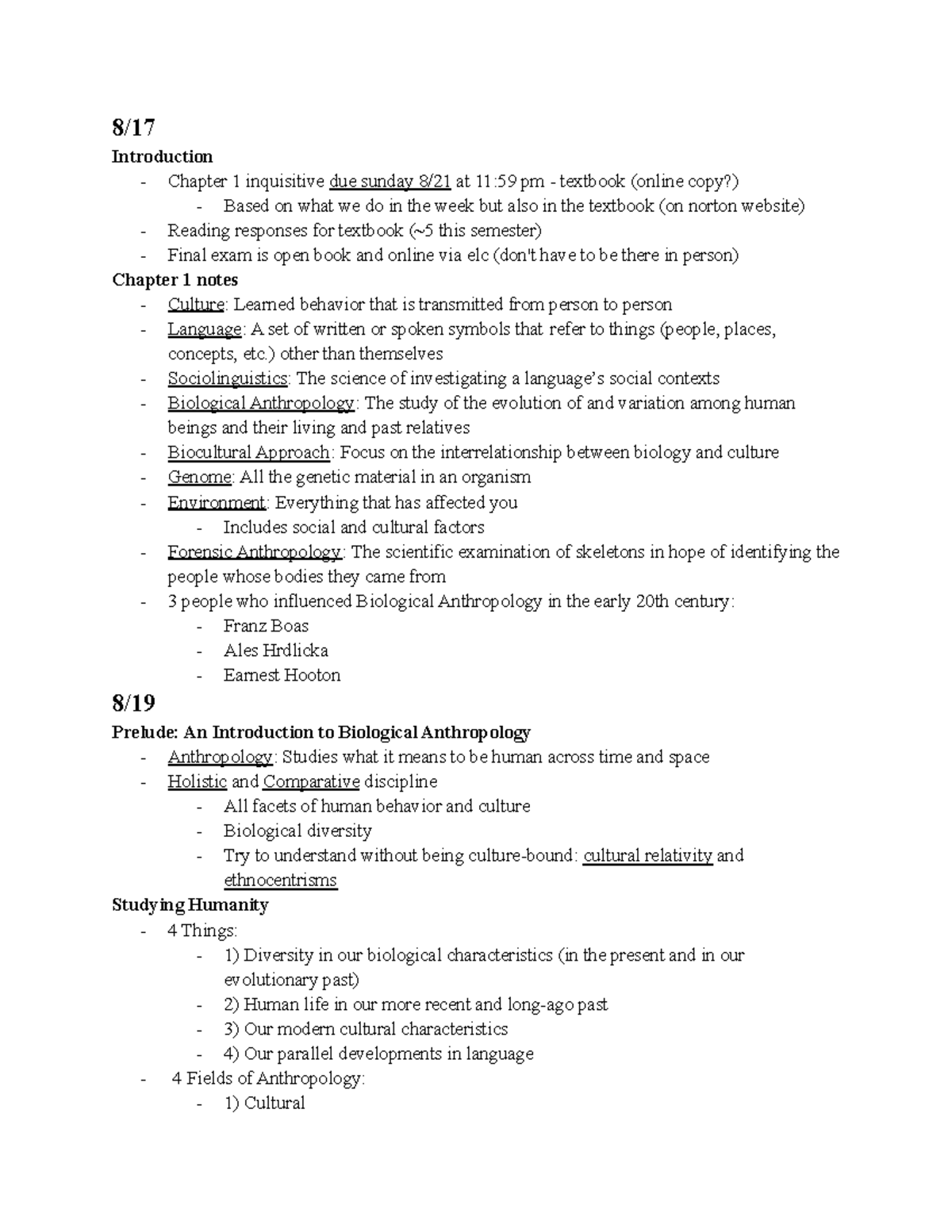 Bio Anth 2045 - Full Semester Notes - 8/ Introduction - Chapter 1 ...