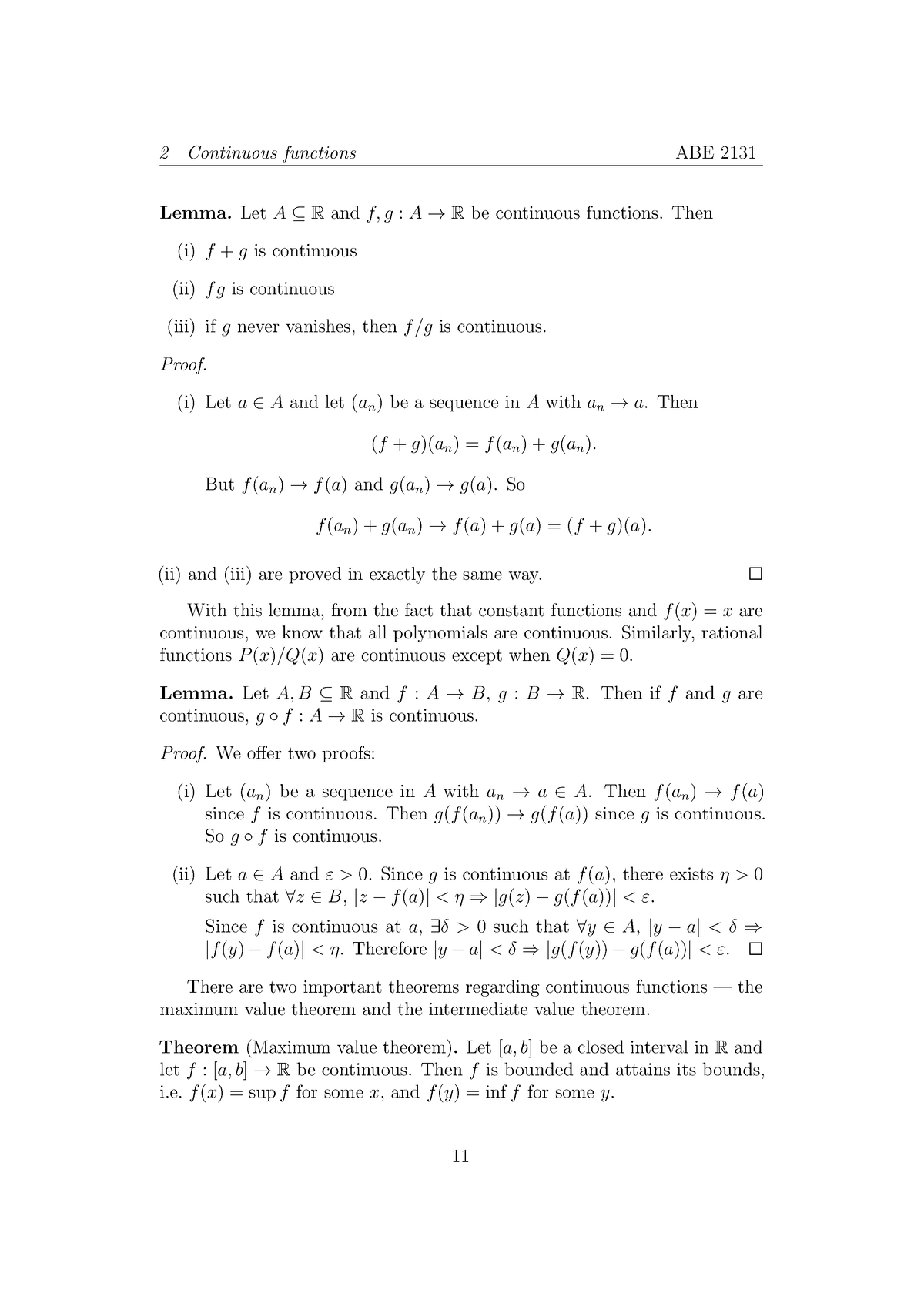 ABE 2131 Notes-11 - notes - 2 Continuous functions ABE 2131 Lemma. Let ...