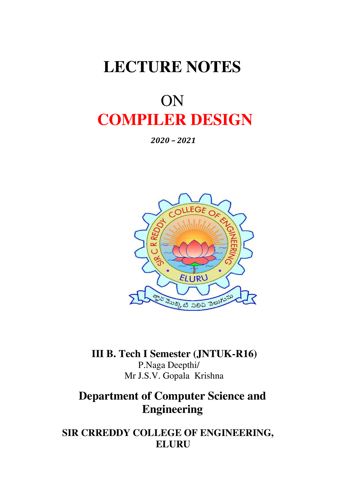 Compiler Design Full Notes 2020-2021 - LECTURE NOTES ON COMPILER DESIGN ...