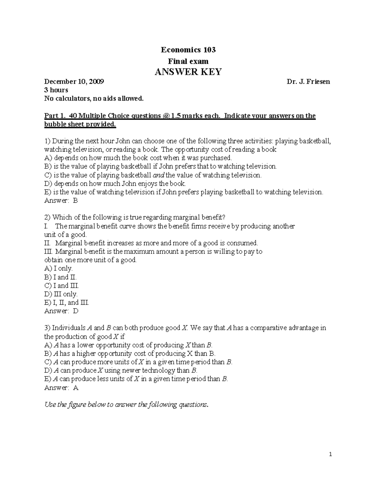 Microeconomics 1104 Final - Economics 103 Final Exam ANSWER KEY ...