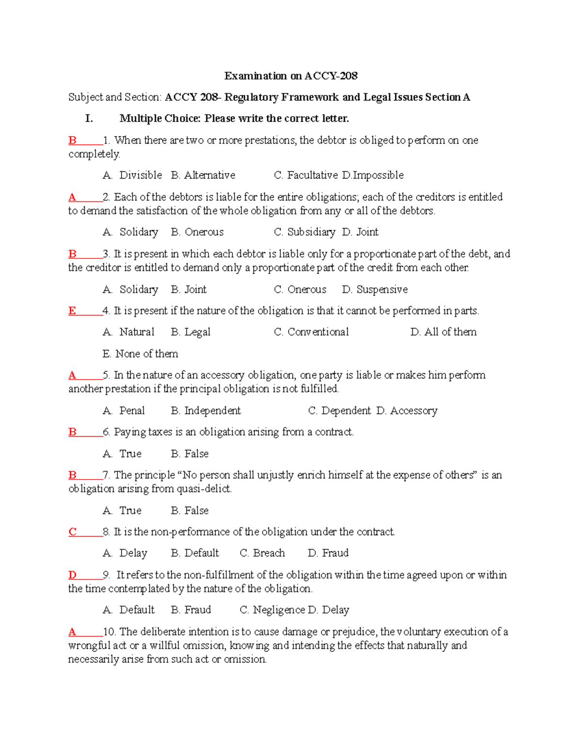 ACCY 208 EXAM - ACCY 208 - Examination on ACCY- Subject and Section ...