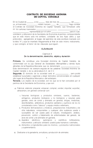 Contrato de sociedad anonima de capital variable - CONTRATO DE SOCIEDAD  ANÓNIMA DE CAPITAL VARIABLE - Studocu