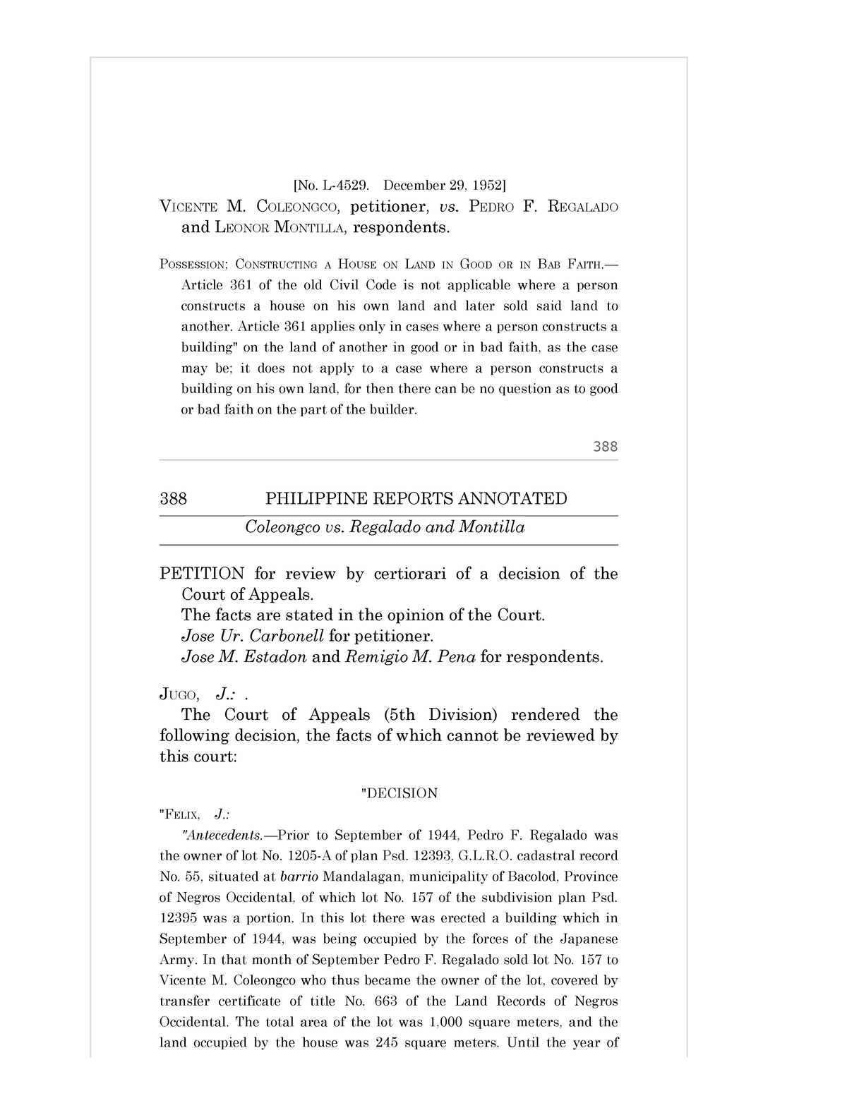 Coleongco V. Regalado - Digest - [No. L-4529. December 29, 1952 ...