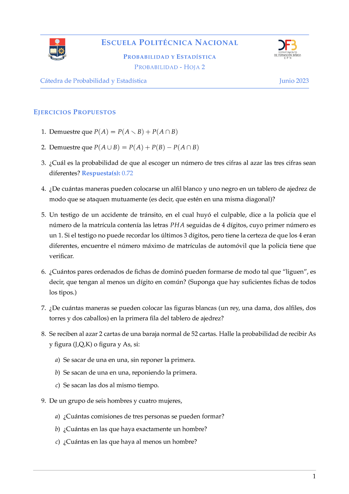 Hoja 02 Ejercicios De Probabilidad Y Estadística 2023A - ESCUELA ...