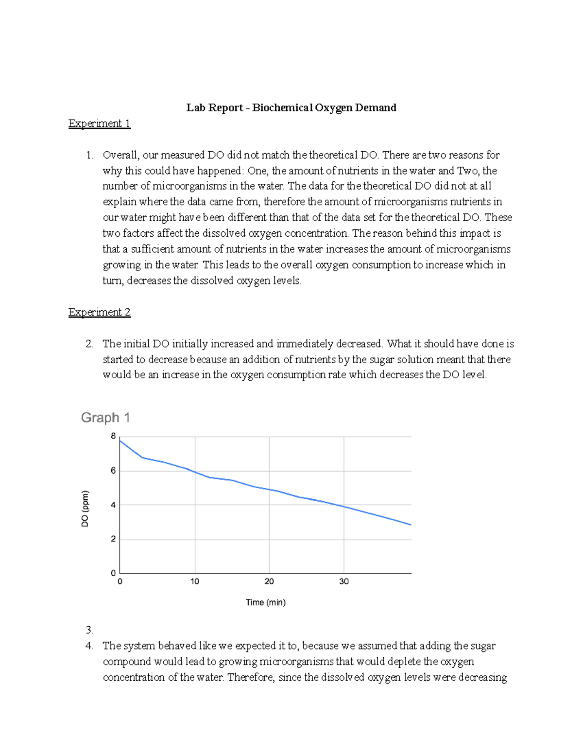 Biochemical Oxygen Demand Lab Report Biochemical Oxygen Demand