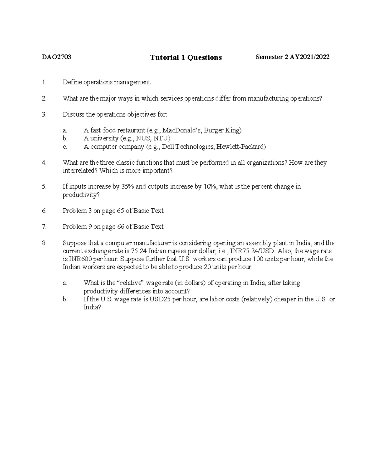 DAO2703 Operations and Technology Tutorial 1 Questions - DAO2703 - NUS ...