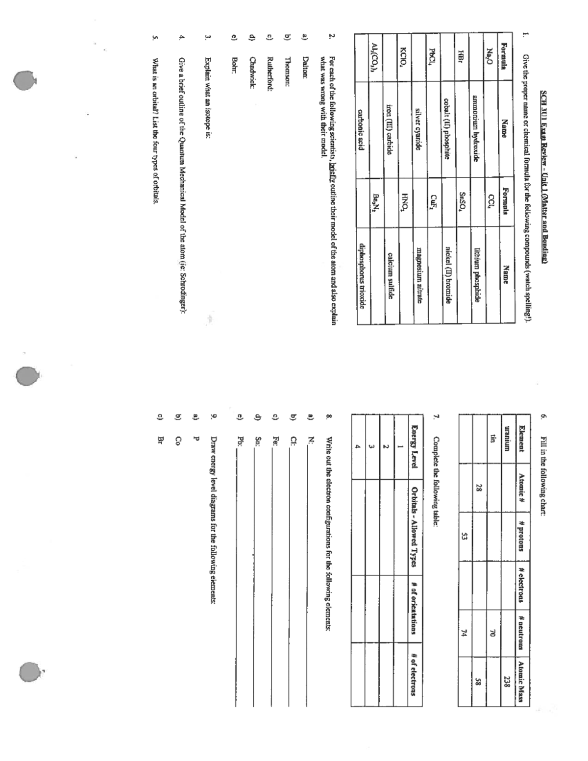 Gr11 Exam Review - fsd - SCH 3U1 Exam Review Unit 1 (Matter and Bonding ...