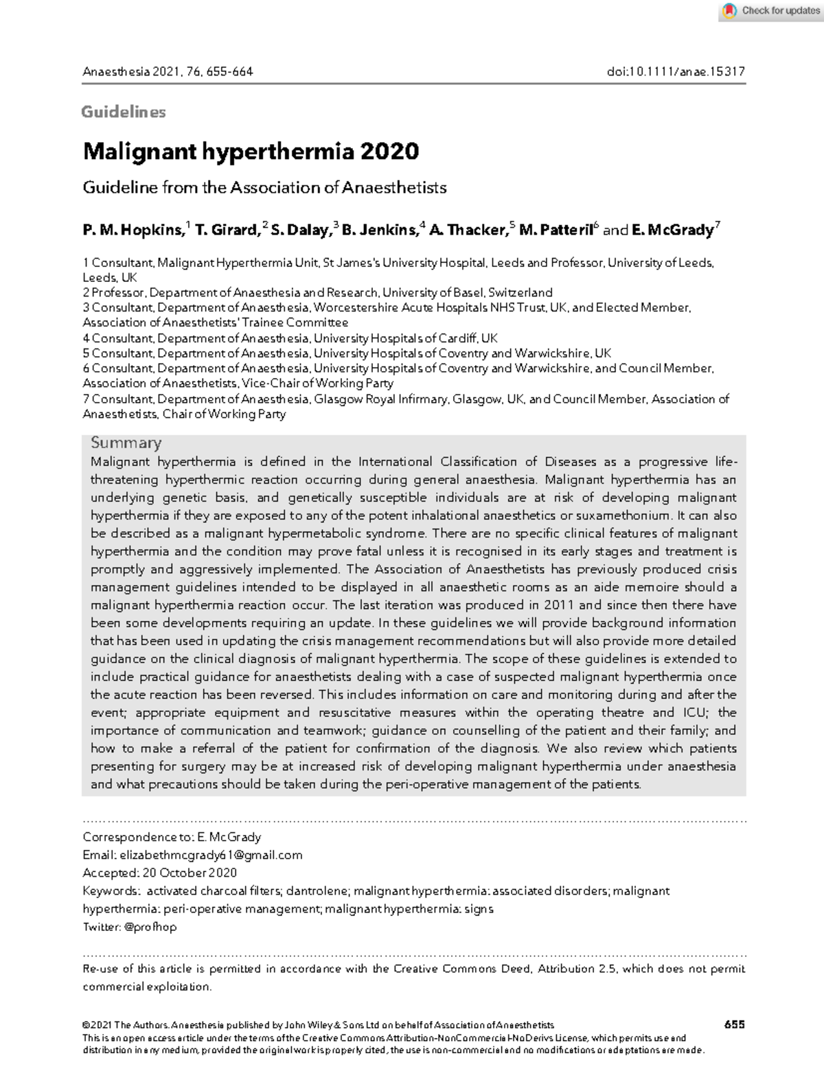 Anaesthesia 2021 Hopkins Malignant hyperthermia 2020 Guidelines