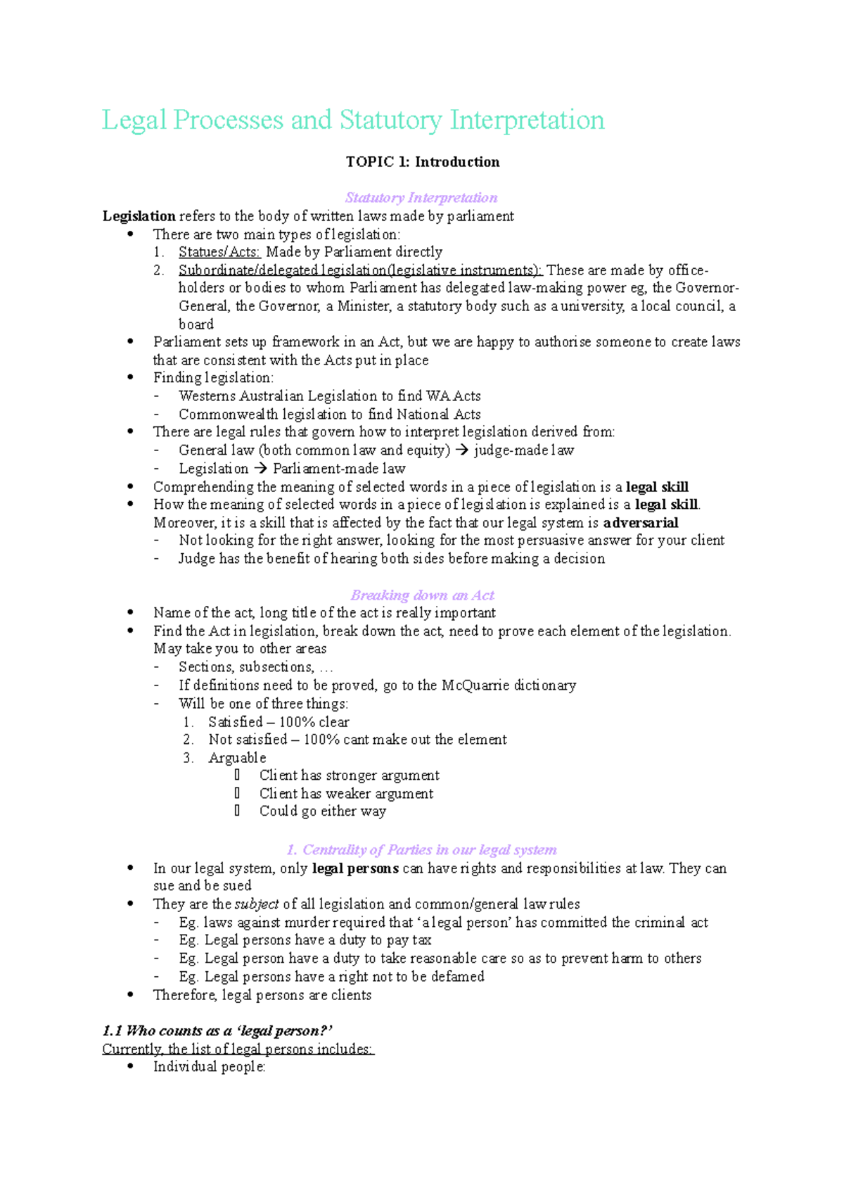 Legal processes etc. notes - Legal Processes and Statutory ...
