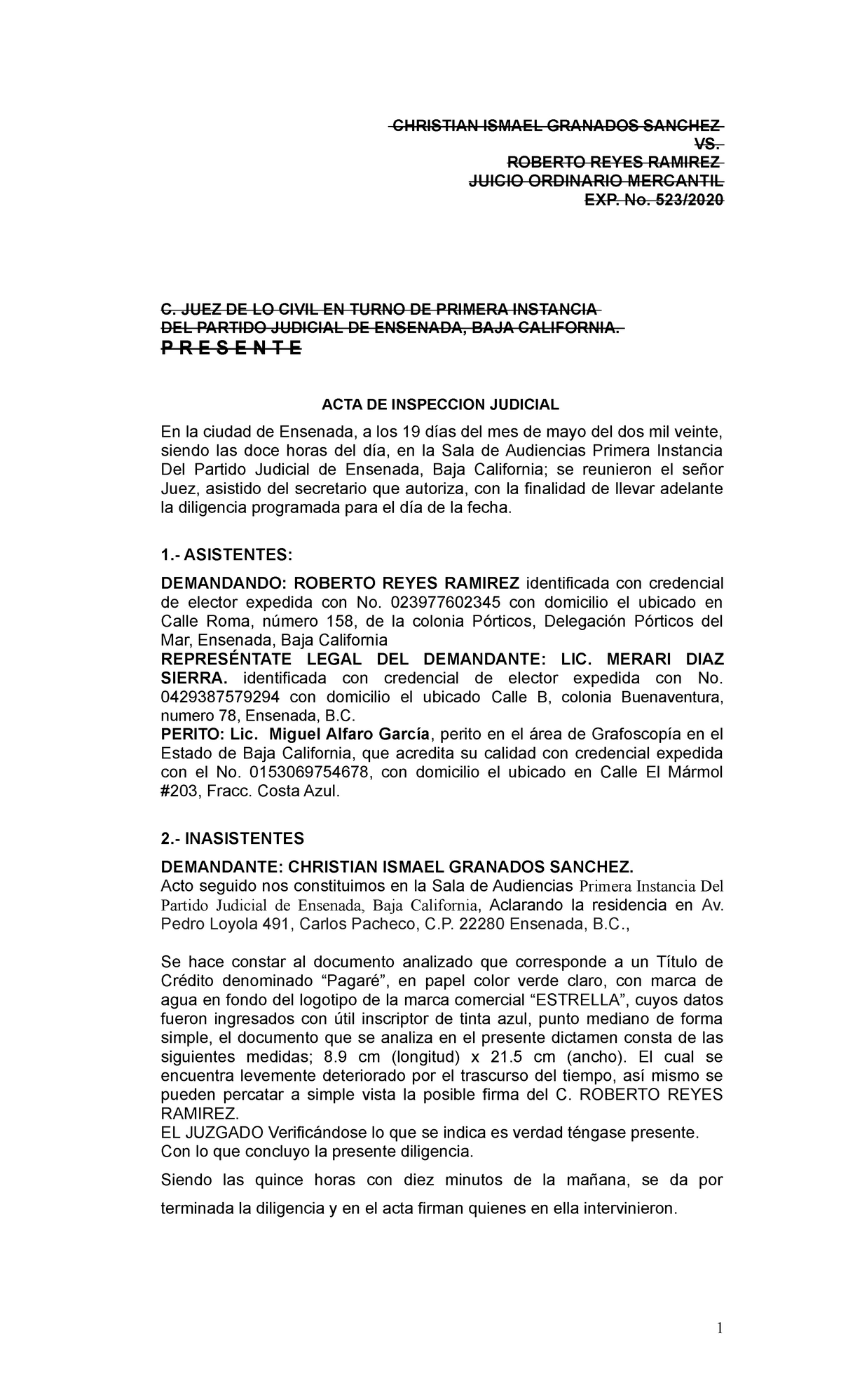 Acta de Inspeccion Judicial Merari corregido - CHRISTIAN ISMAEL GRANADOS  SANCHEZ VS. ROBERTO REYES - Studocu