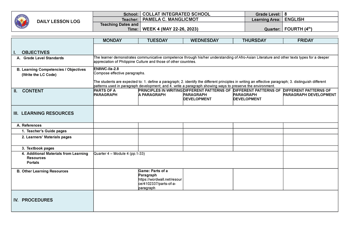 DLL English 8 Q4 W4 - DAILY LESSON LOG School: COLLAT INTEGRATED SCHOOL ...
