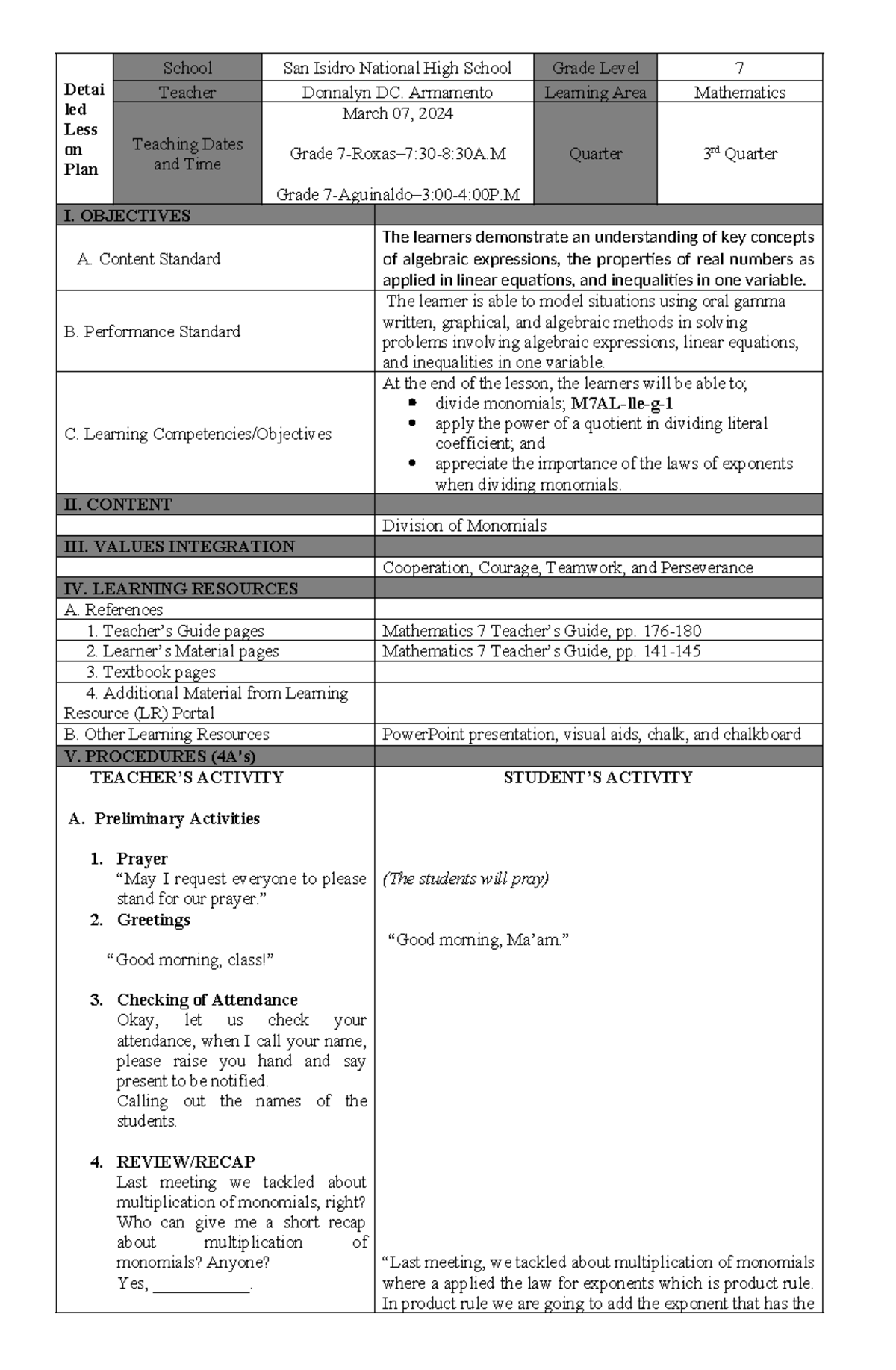 Division OF Monomials - Detai led Less on Plan School San Isidro ...