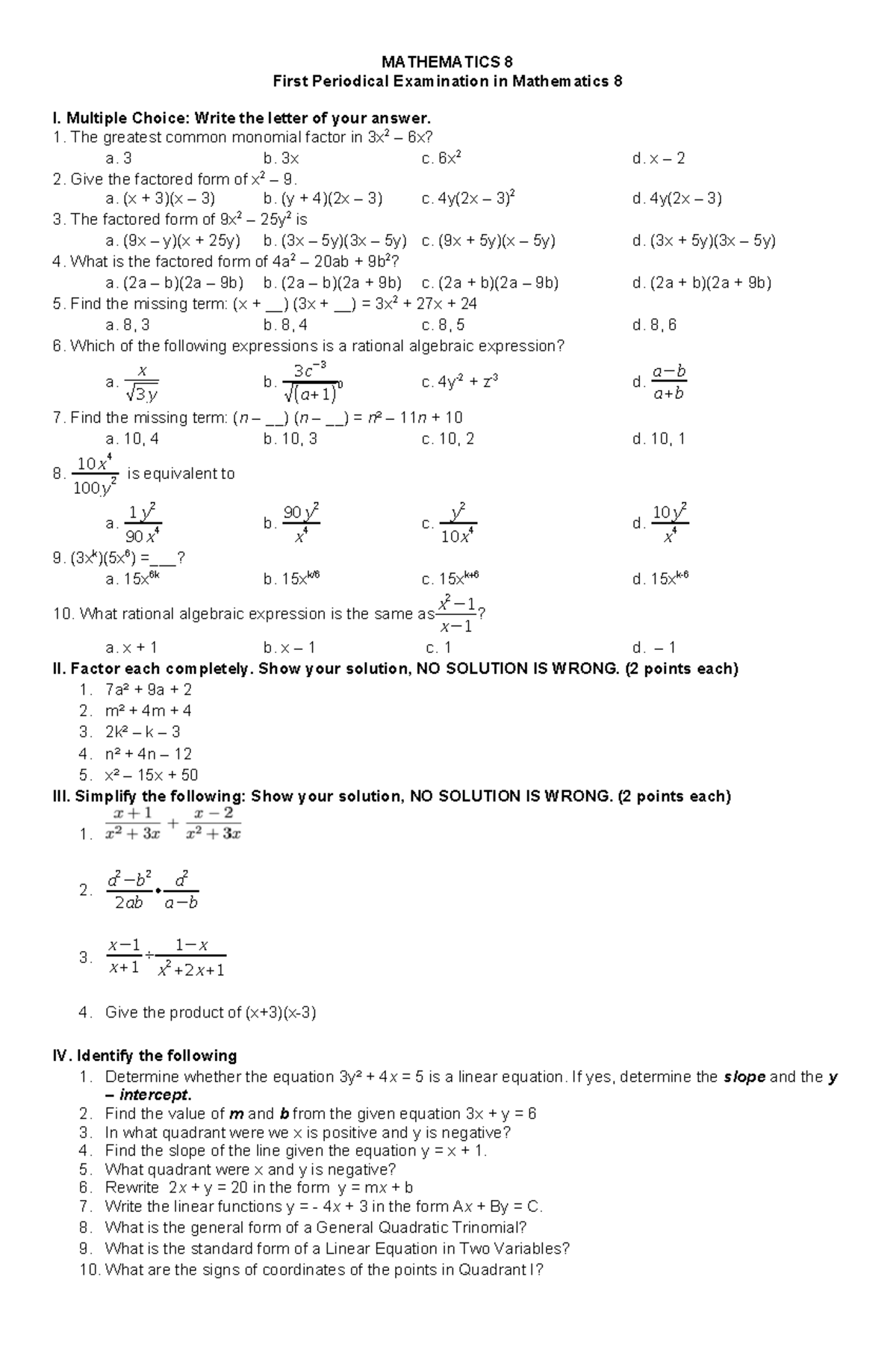 522199898 Math 8 1st Exam Final - MATHEMATICS 8 First Periodical ...