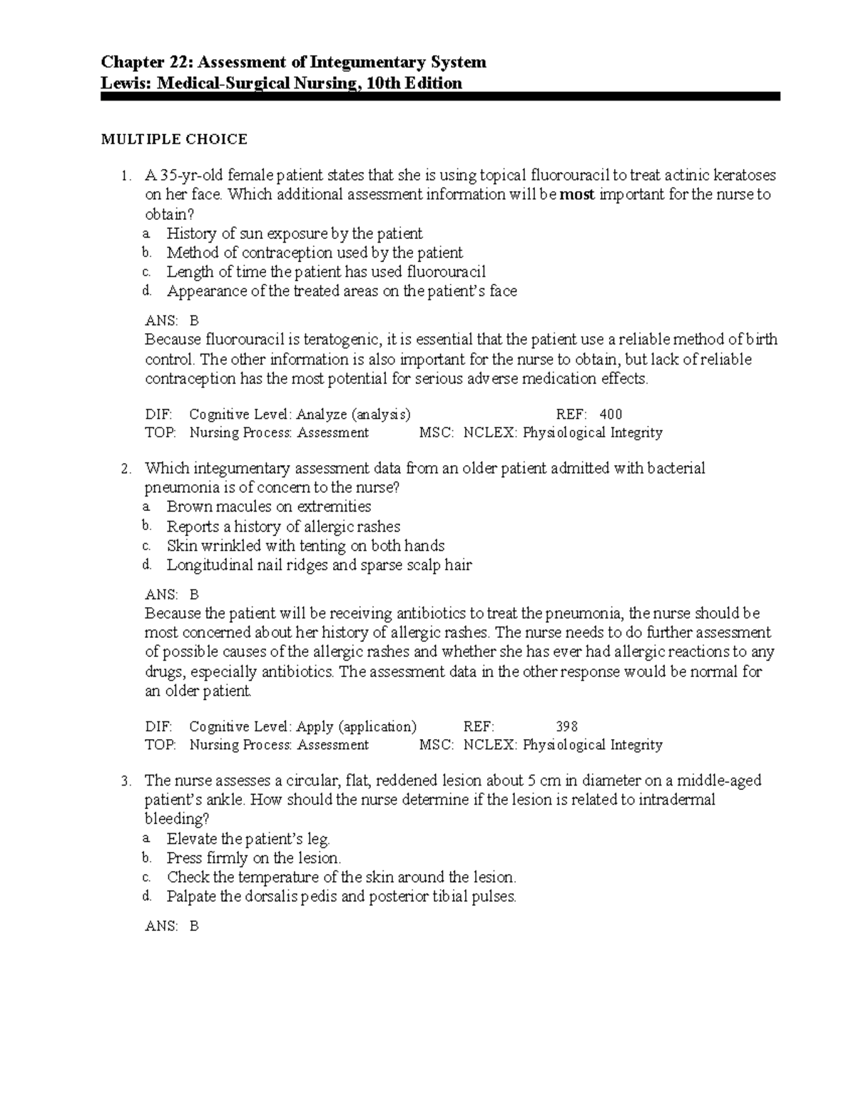 C22 - Ch 22 Test Bank - Chapter 22: Assessment Of Integumentary System ...