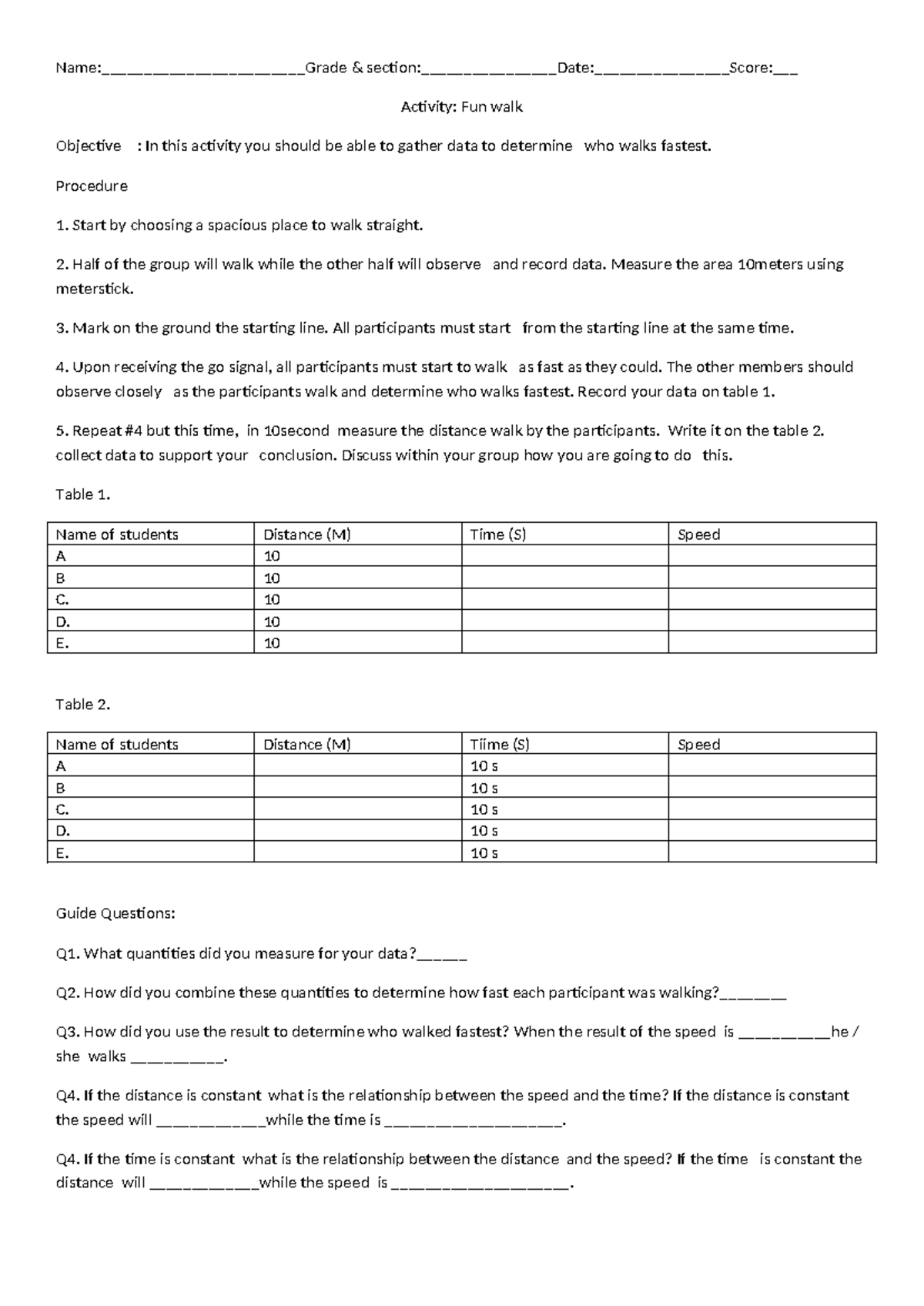 Activity fun walk speed - Name:________________________Grade & - Studocu