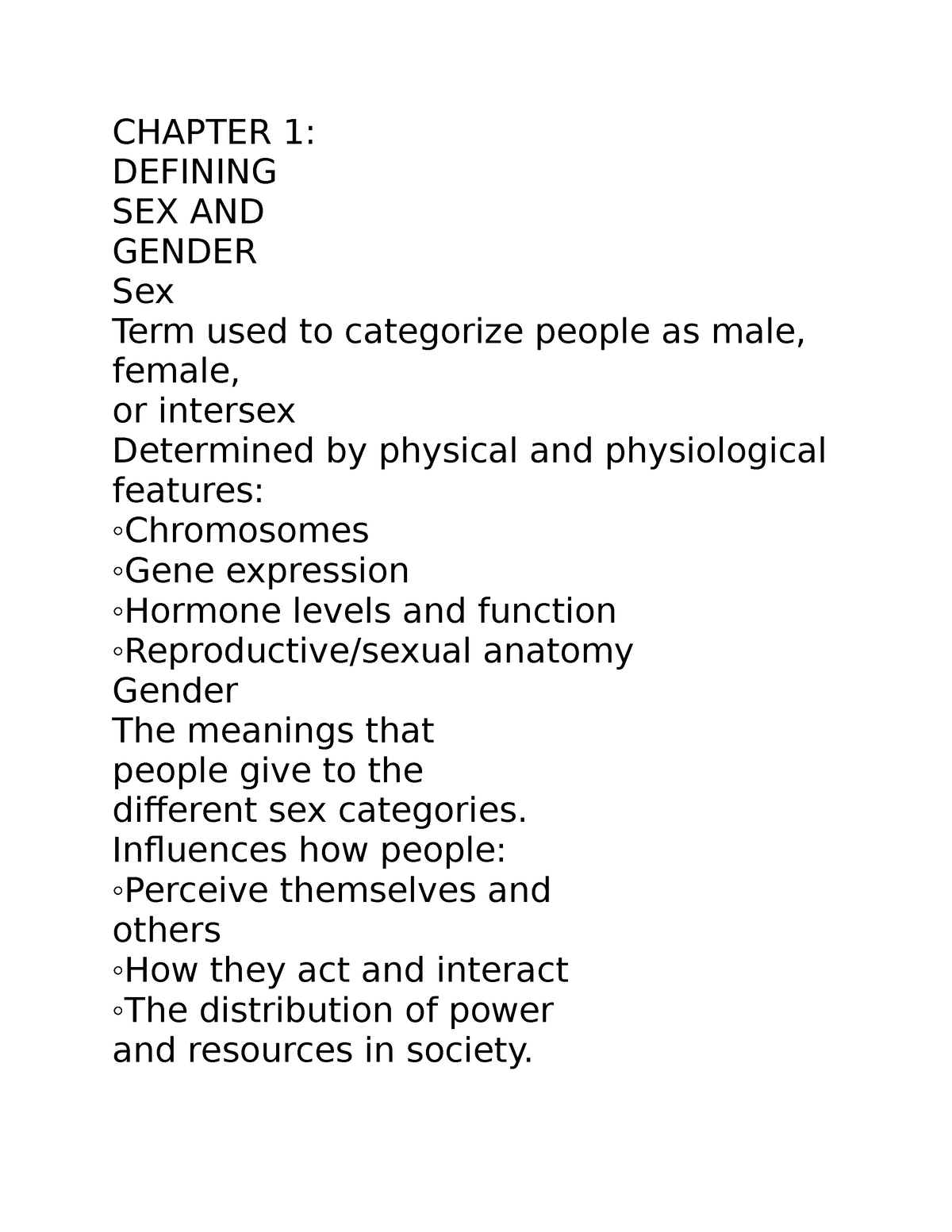 Sex And Gender Notes Chapter 1 Defining Sex And Gender Sex Term Used To Categorize People 6528