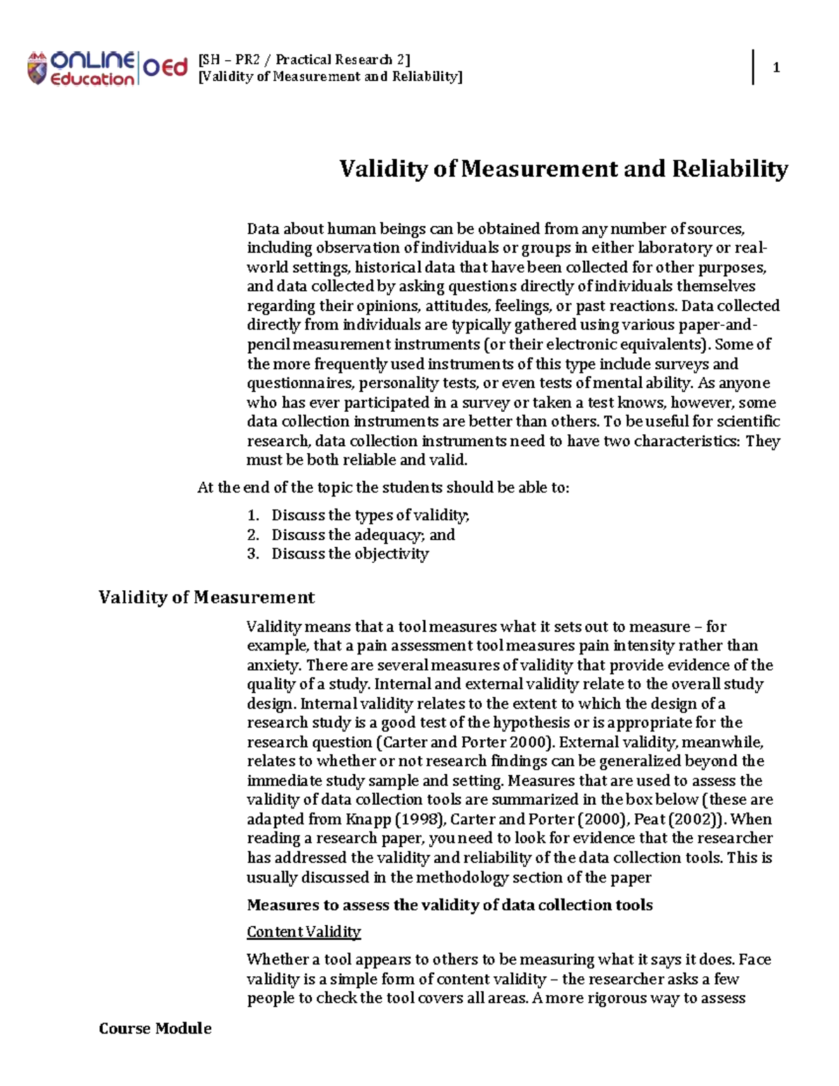 Week 016 Module Validity of Measurement and Reliability - [SH – PR2 ...