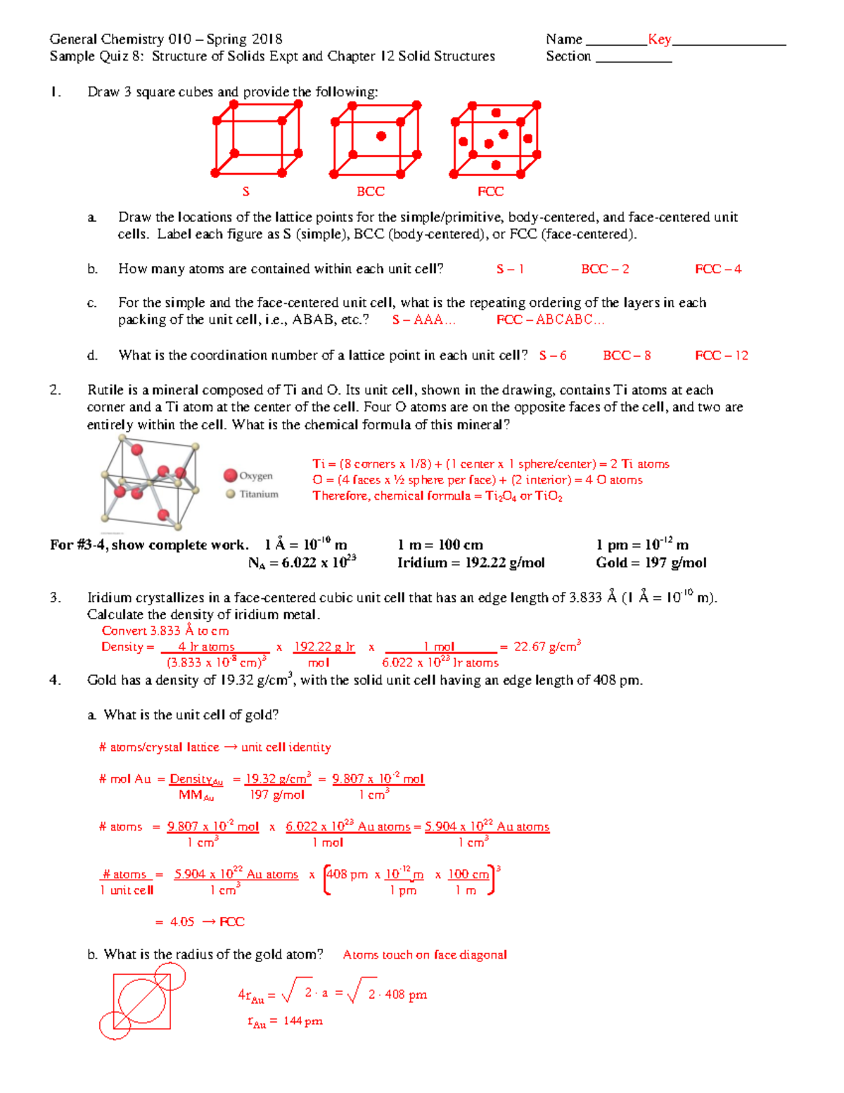 Sp18 Sample Quiz 8 - Solid Structures - key - General Chemistry 010 ...