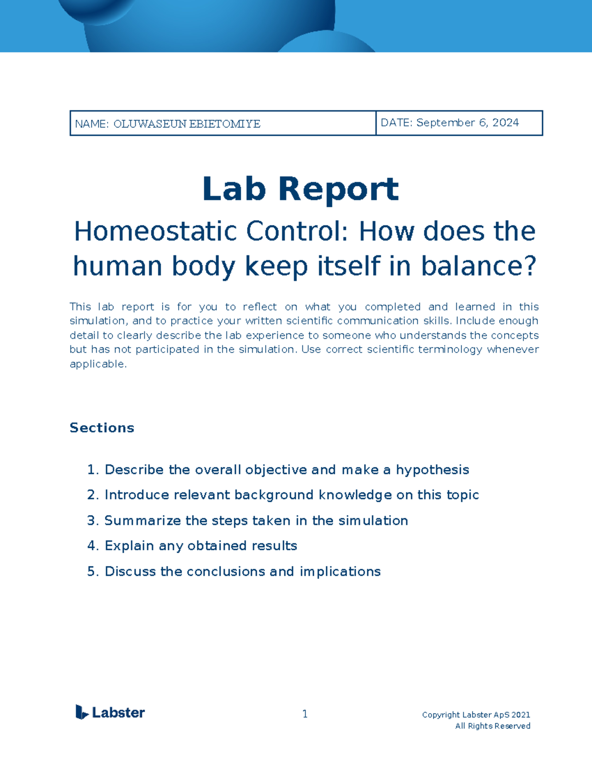 Lab Report Homeostatic Control How does the human body keep itself in