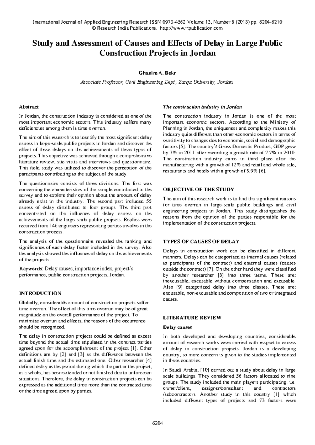 Assessment of Causes and Effects of Delay jordan - © Research India ...