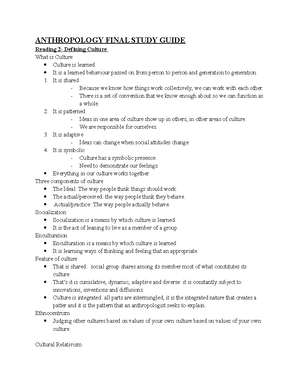 Anthrop Ology Final Study Guide - ANTHROPOLOGY FINAL STUDY GUIDE ...