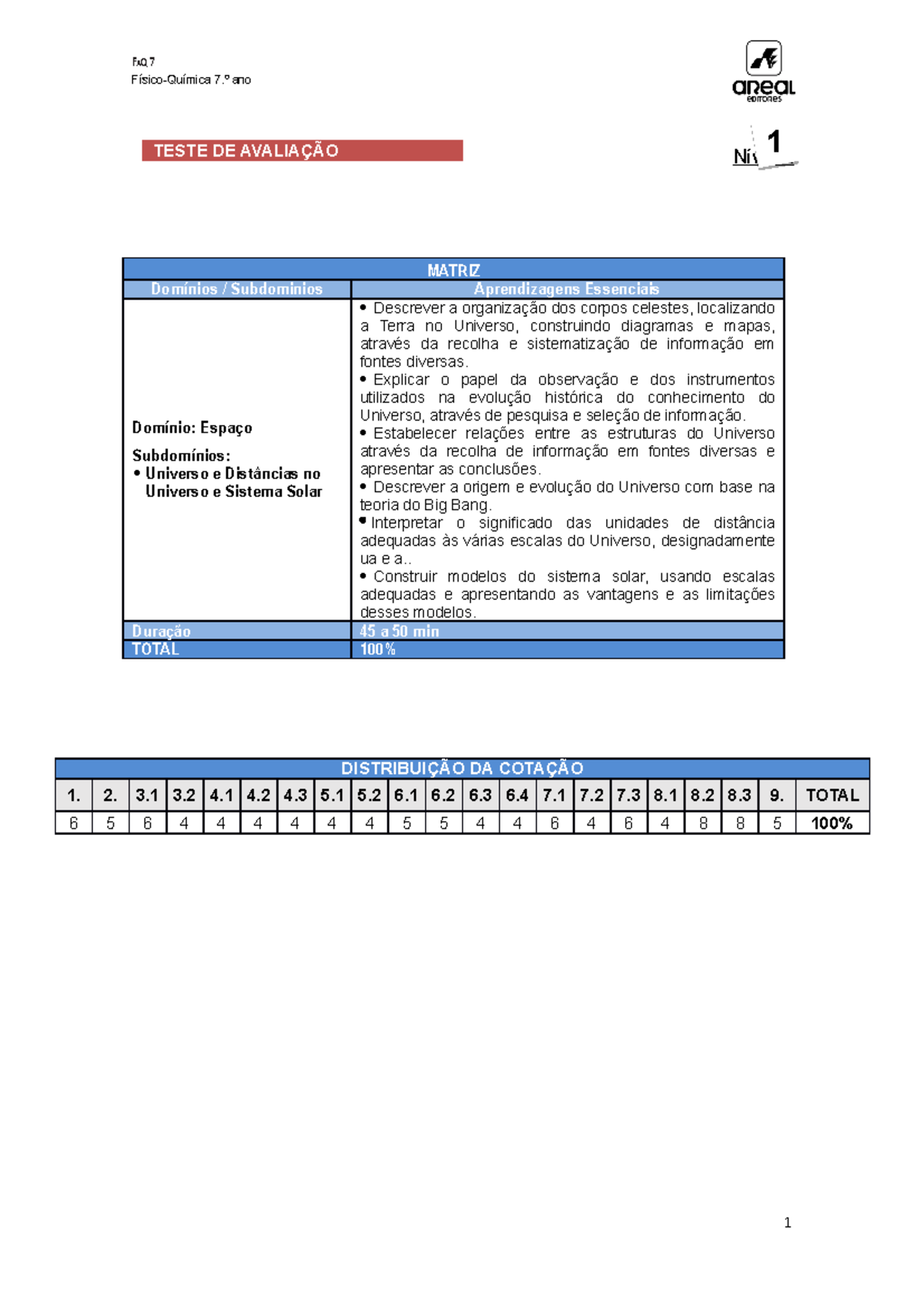 Ae faq7 teste 1a espaco - bkkb - Físico-Química 7.º ano Nível A MATRIZ ...